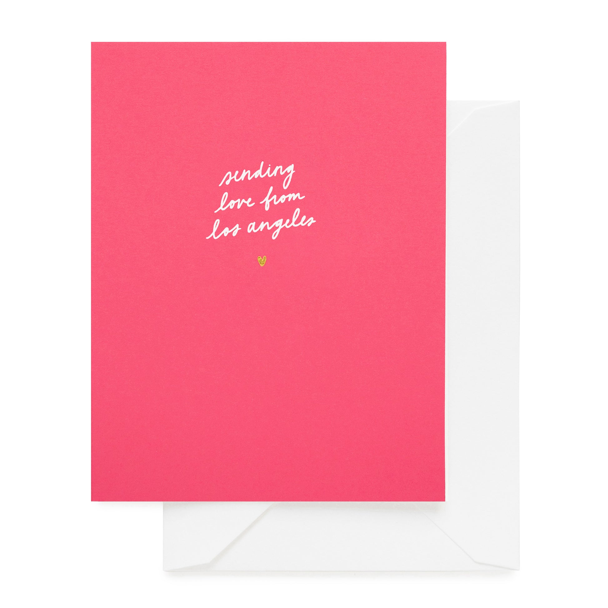 Hot pink card foil printed with sending love from los angeles and a gold heart