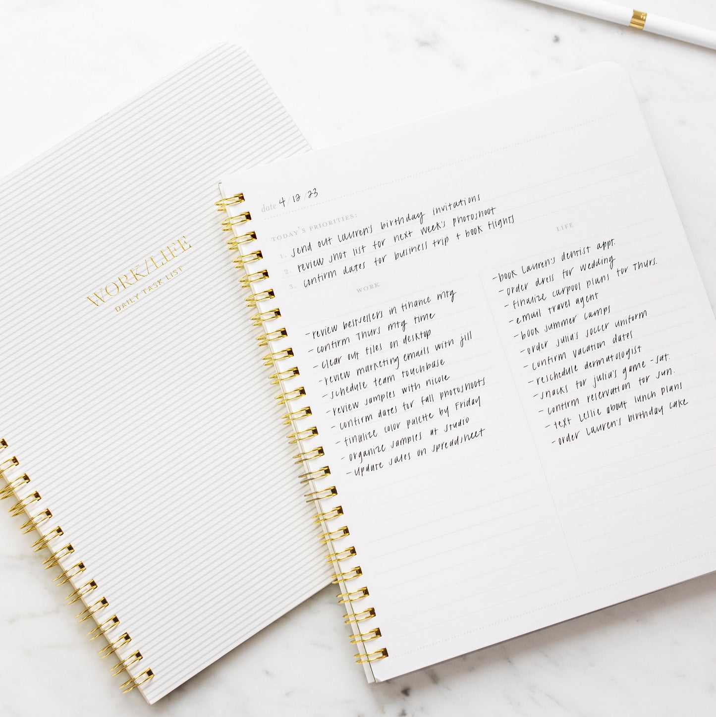 Interior lifestyle of work life spiral notebook with prompts and writing