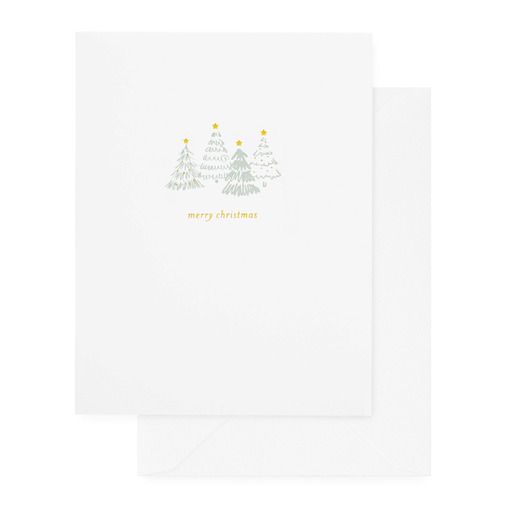 white holiday card with green christmas trees and gold foil details