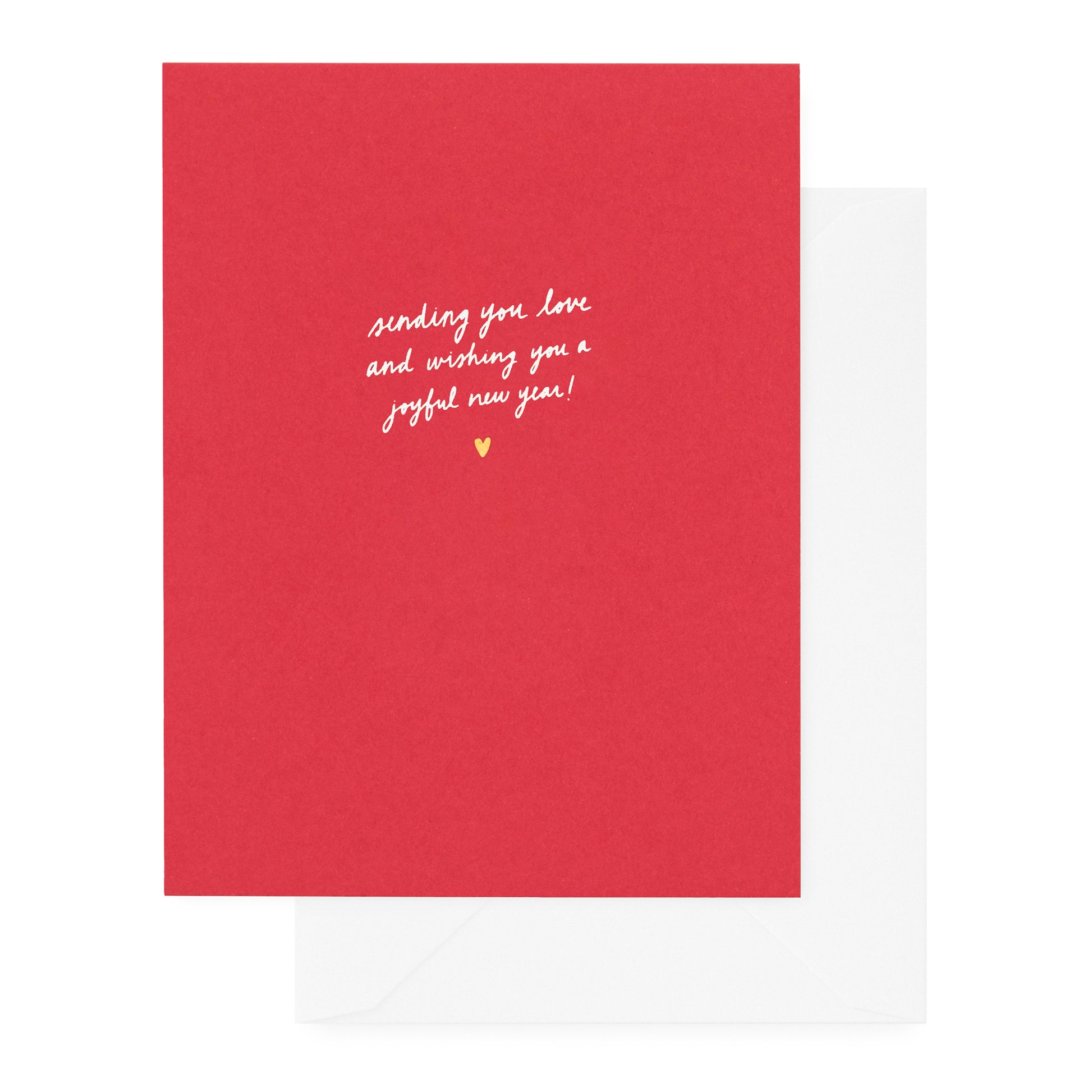 red holiday card with white and gold foil text details