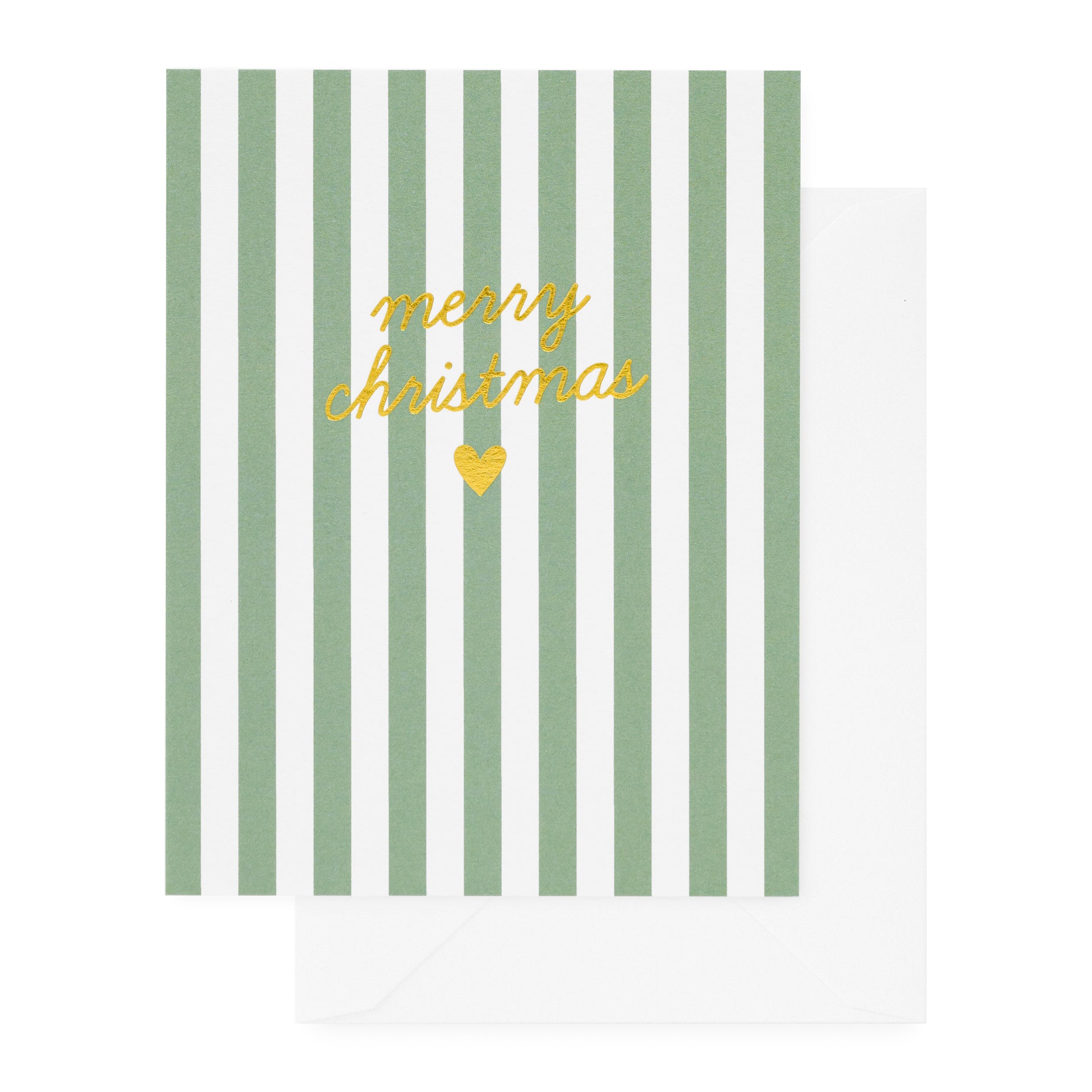 green and white striped christmas card with gold foil text