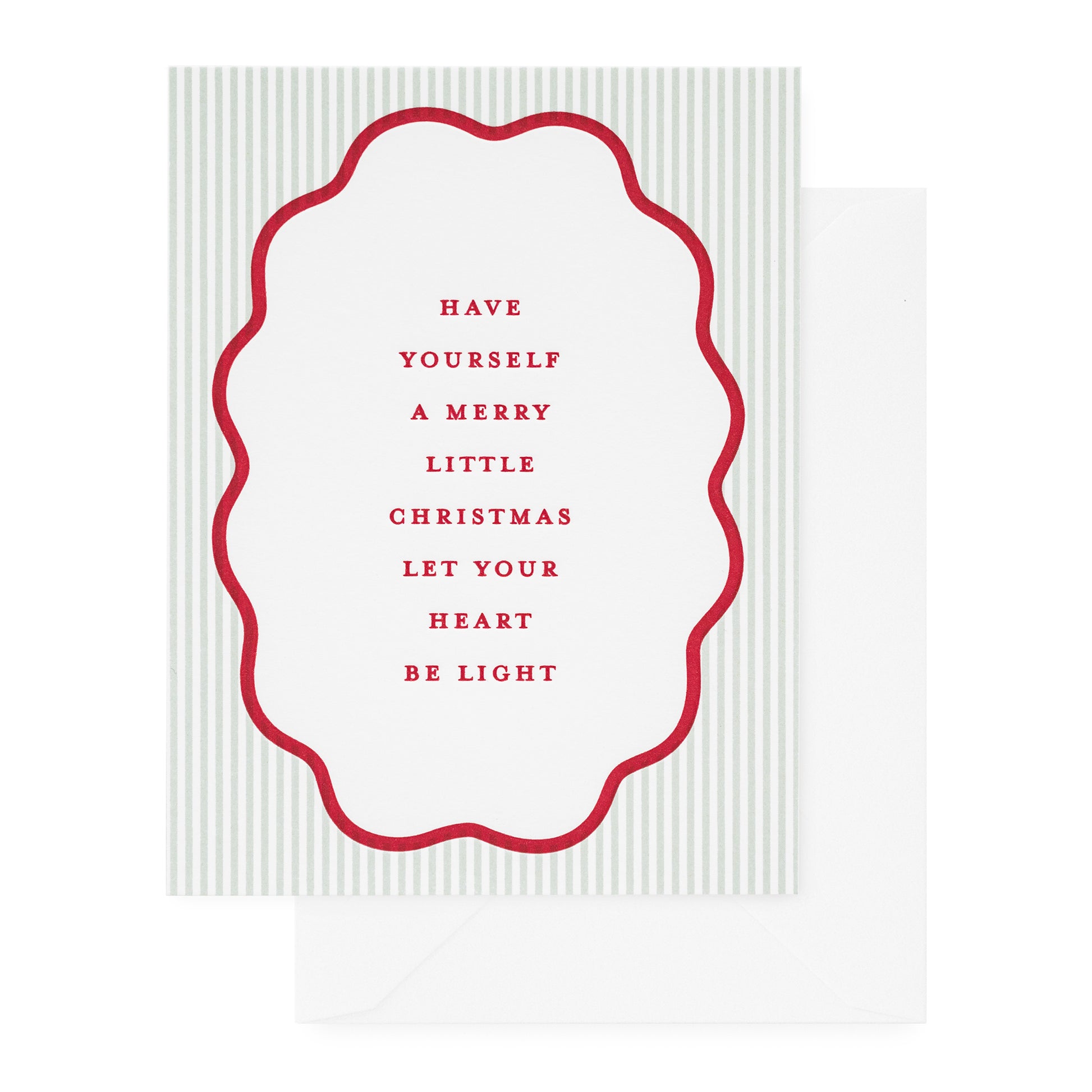 green striped holiday card with red scallop detail and text