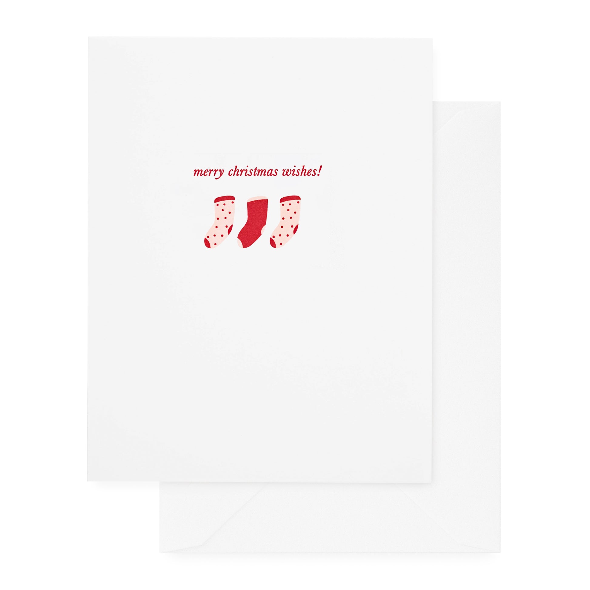 white and red holiday card with stockings
