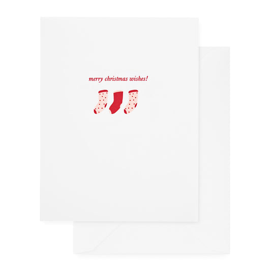 white and red holiday card with stockings