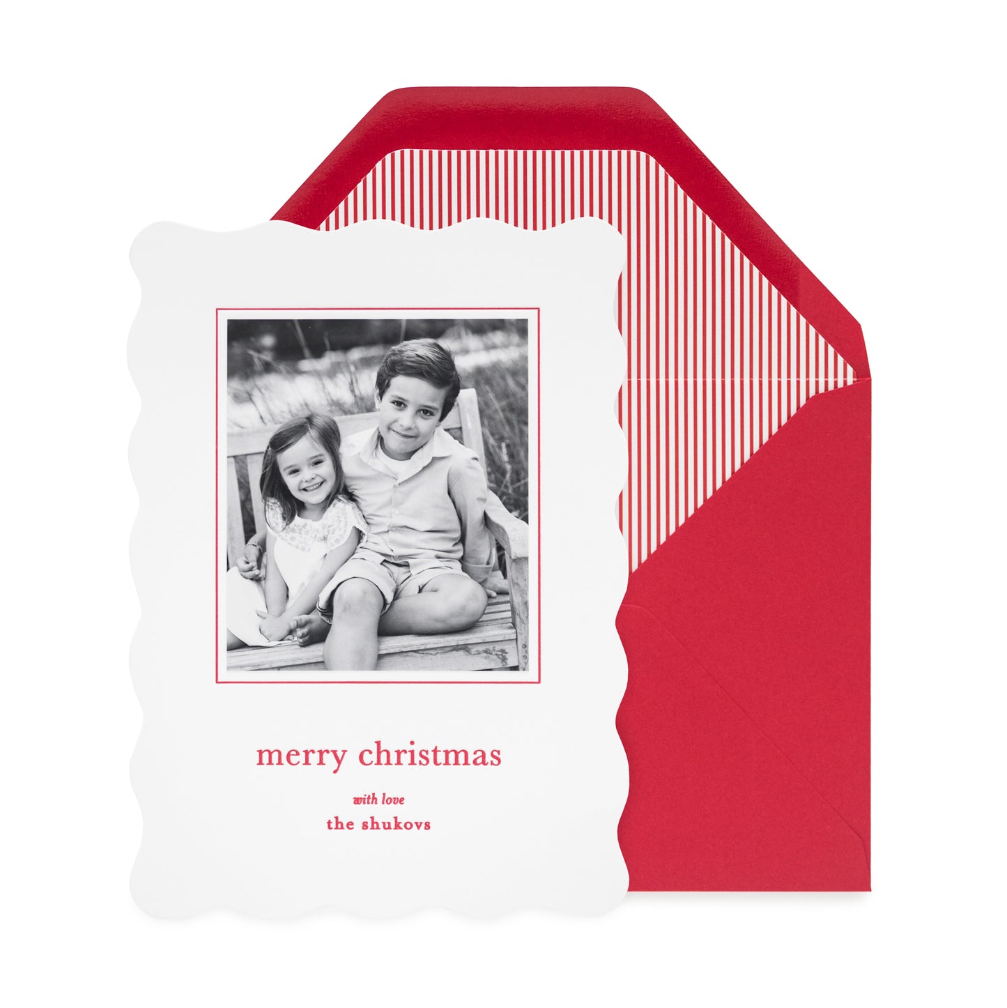 White scalloped custom holiday card with red envelope and striped liner