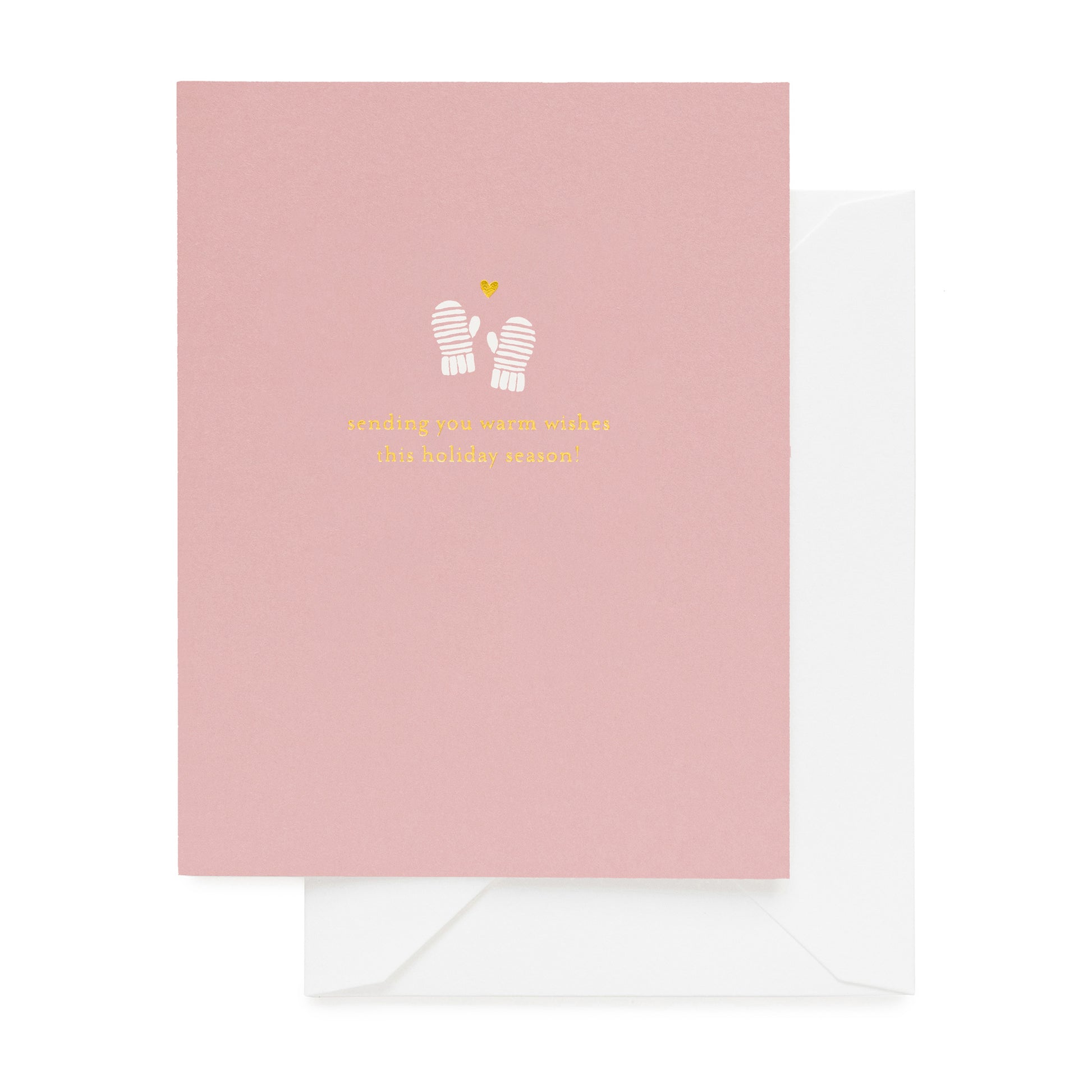 rose holiday card with mittens and gold details