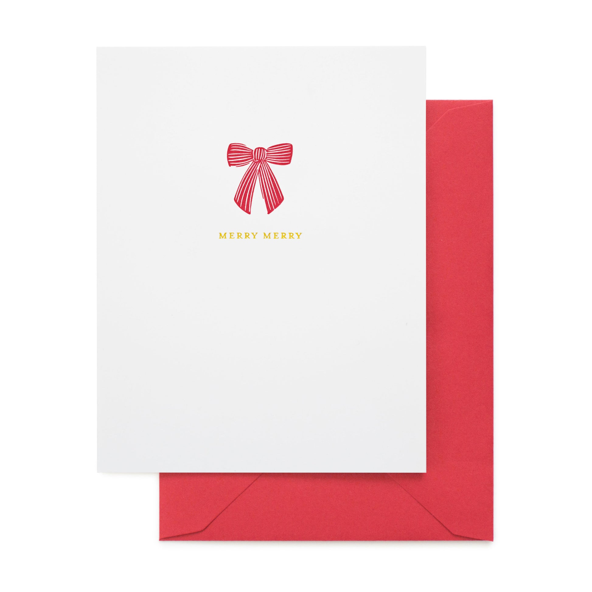 white holiday card with red bow and gold text and red envelope