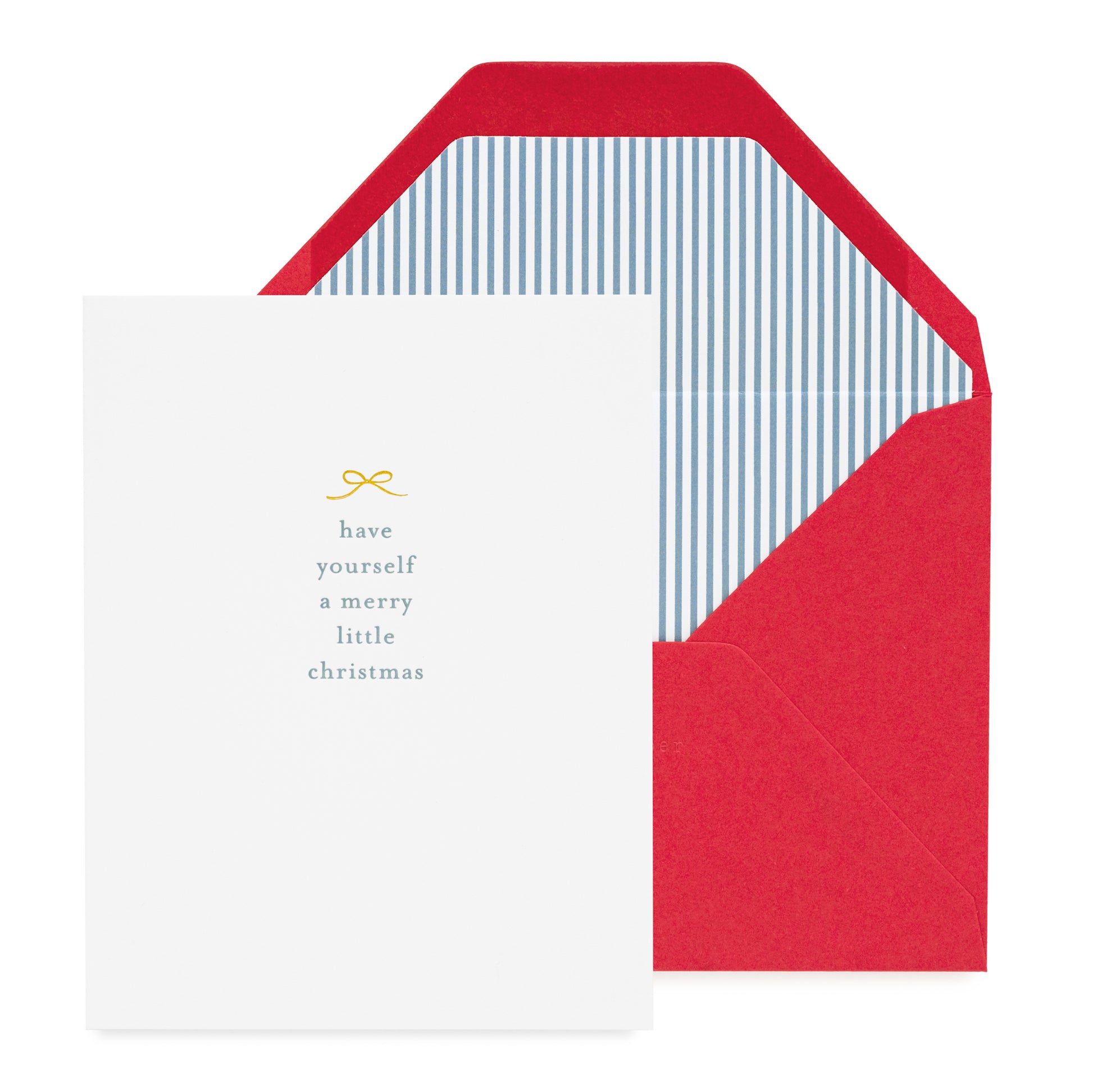 white holiday card with blue and gold details and red envelope with striped liner