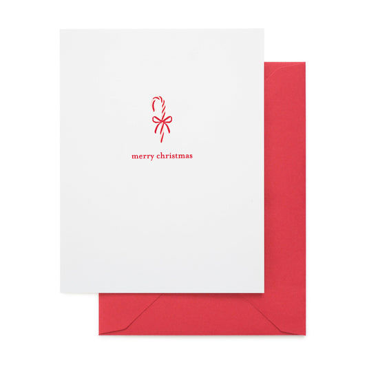 white christmas card with red candy cane and red envelope