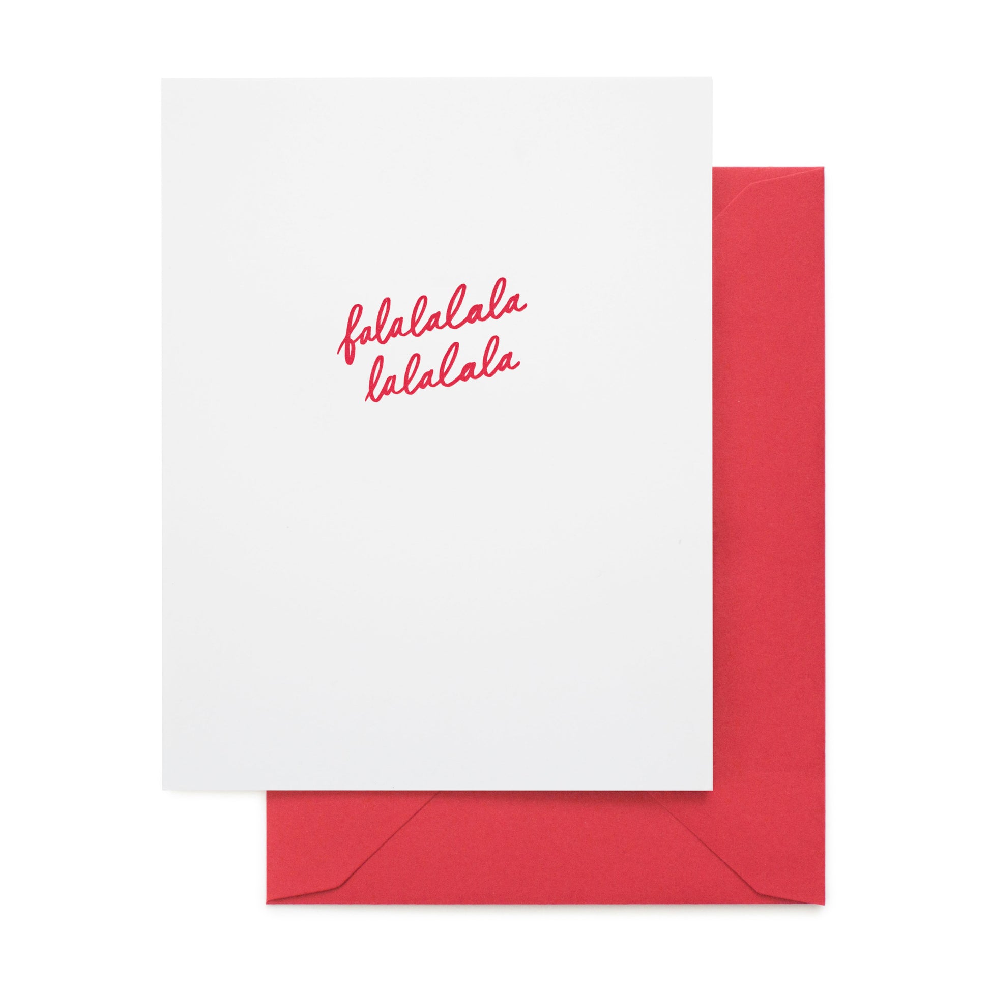 white holiday card with red falalalala lalalala text and red envelope