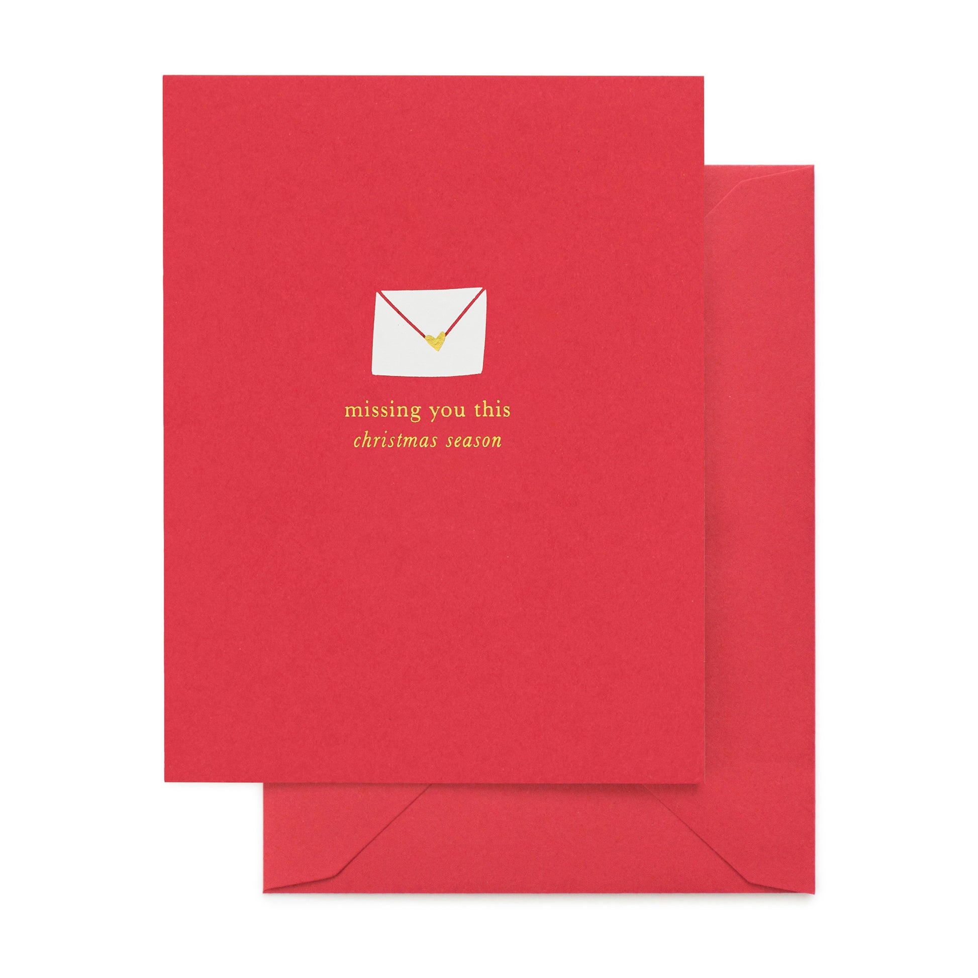 red holiday card with white and gold envelope icon and text