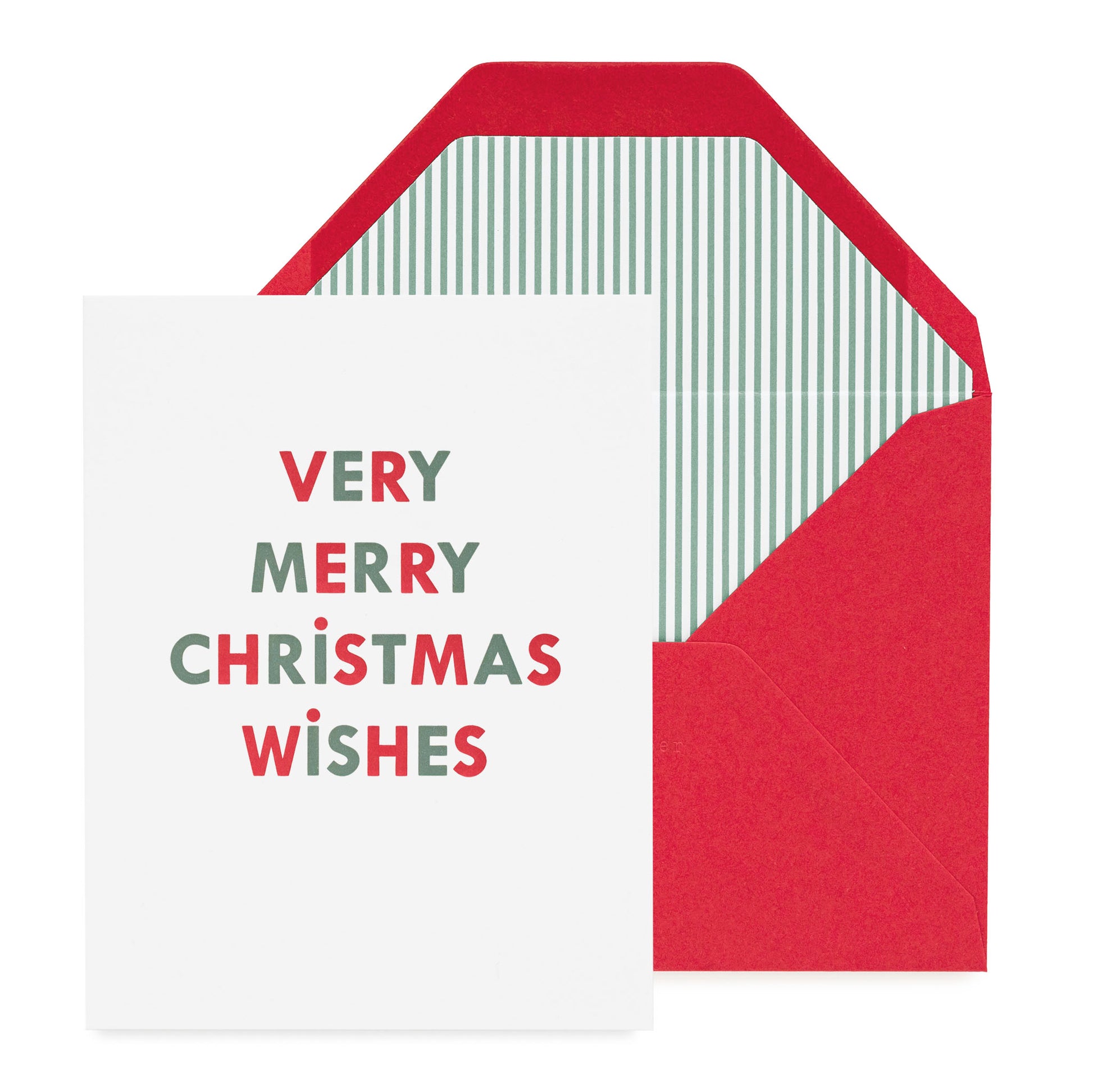Christmas card with 'Very Merry Christmas Wishes' text on a white card with a red envelope with green striped liner