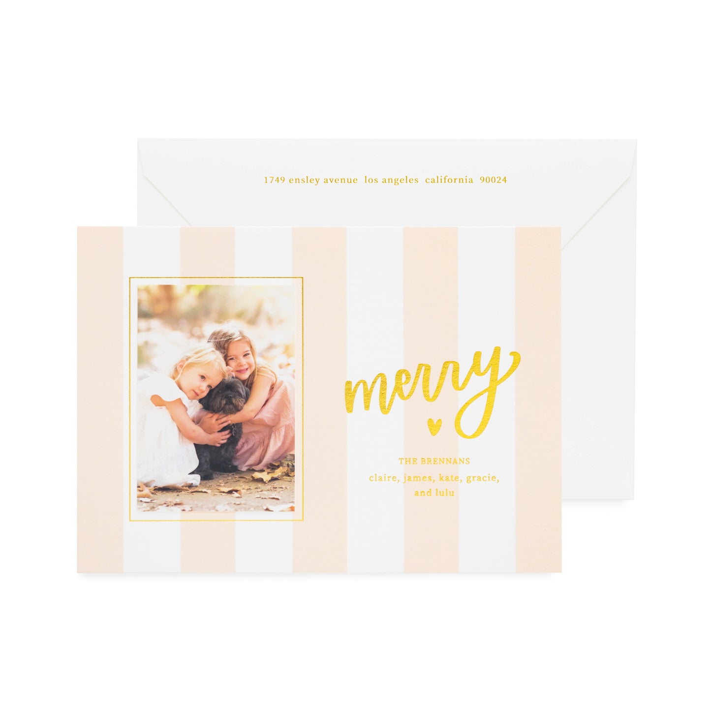 Pink and white cabana stripe custom holiday photo card with gold foil