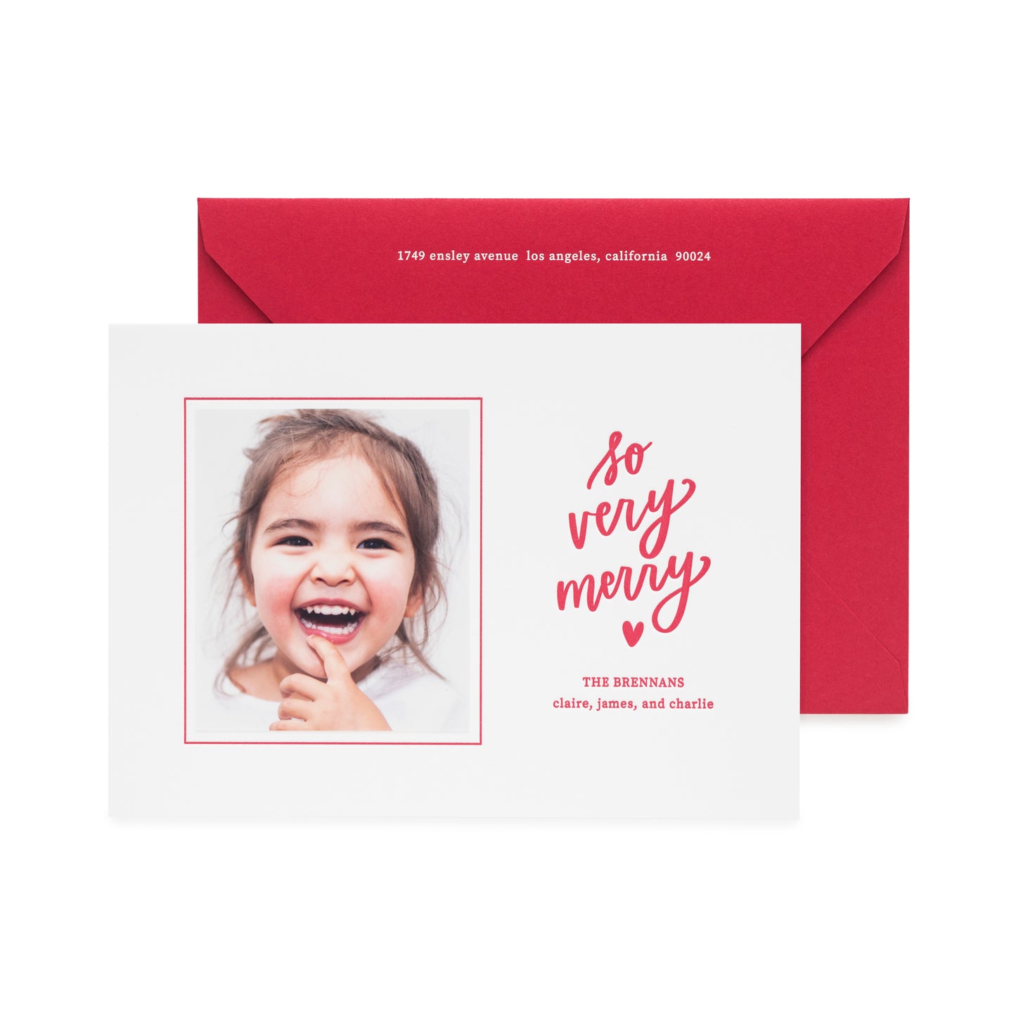Red and white custom holiday card printed with so very merry