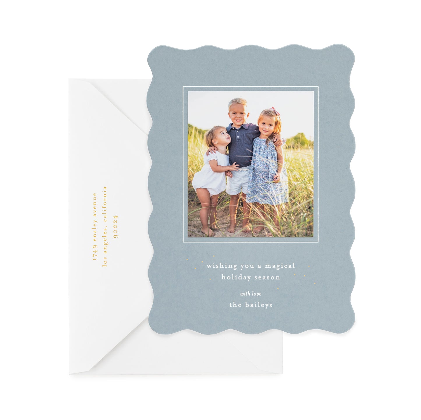 Blue scallop holiday photo card with white and champagne foil