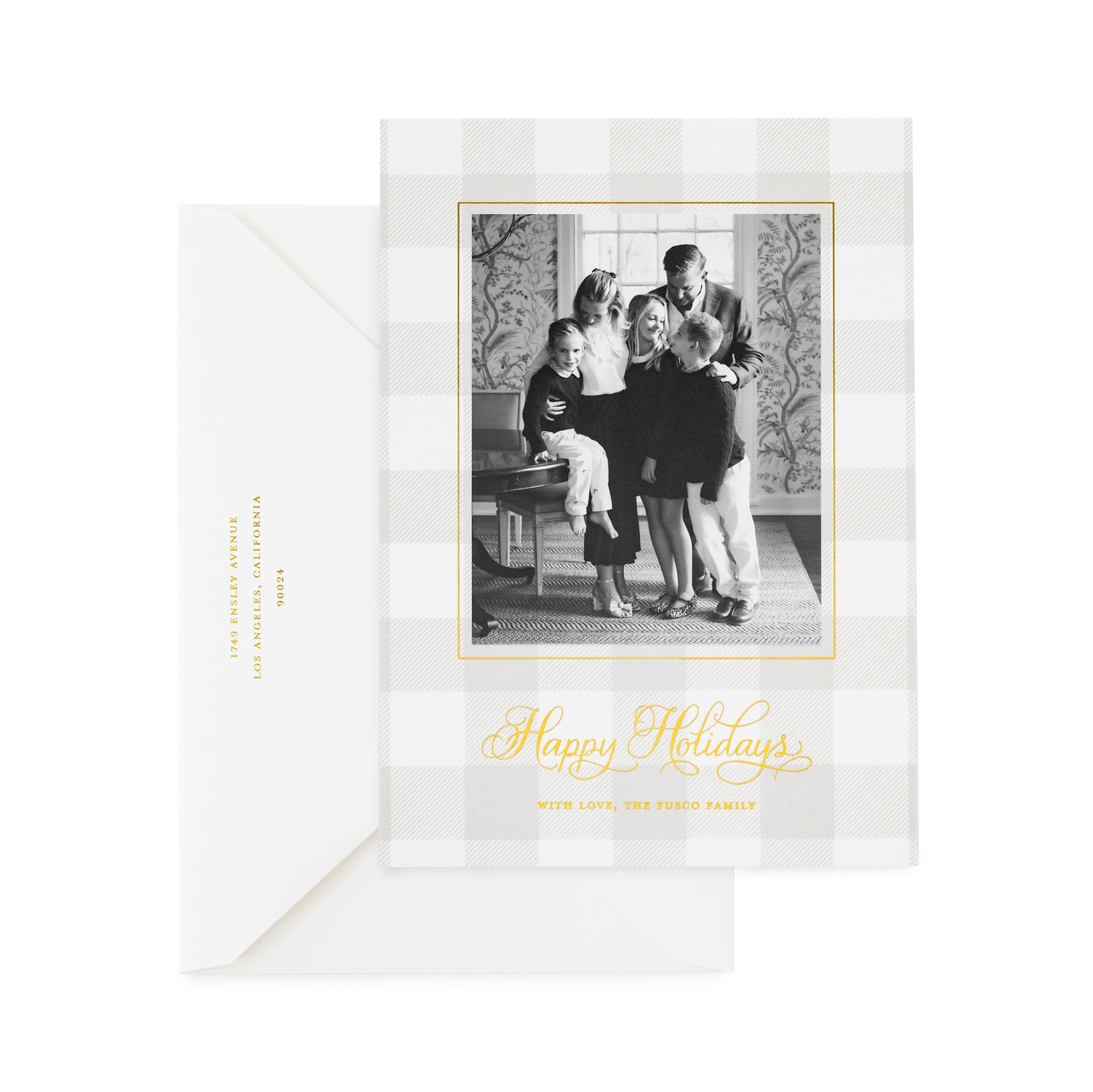 Green gingham custom holiday photo card with gold foil and envelope closed