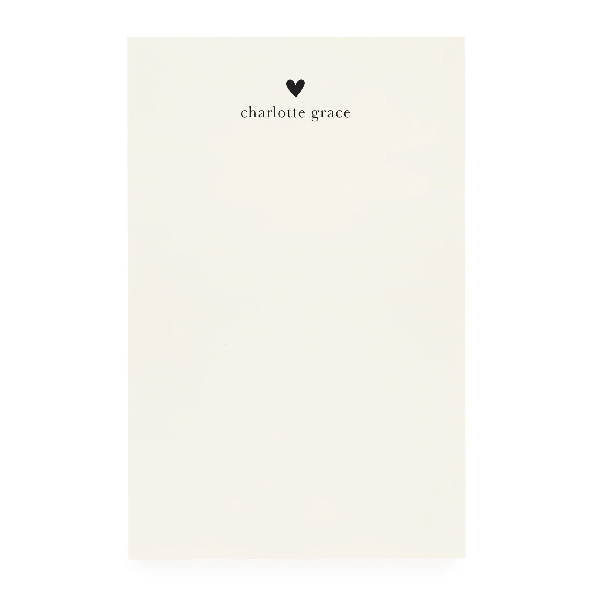 Cream notepad with black heart and "charlotte grace"