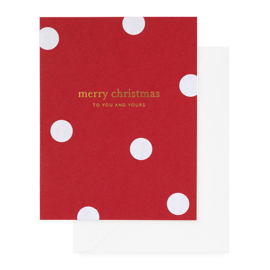 red card with white dots and gold foil merry christmas text, white envelope