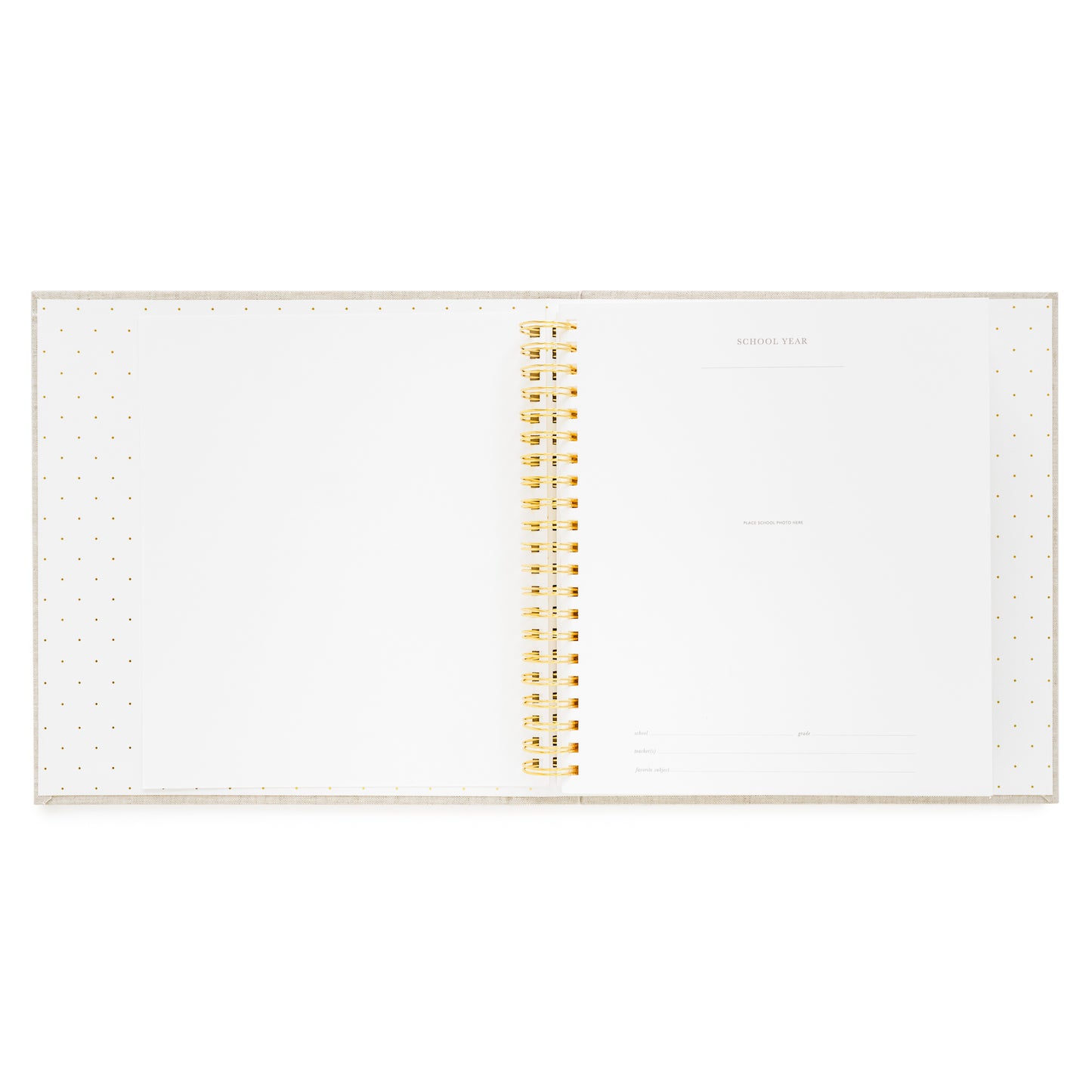 Interior of school years book printed with school year, place for photo and school year details