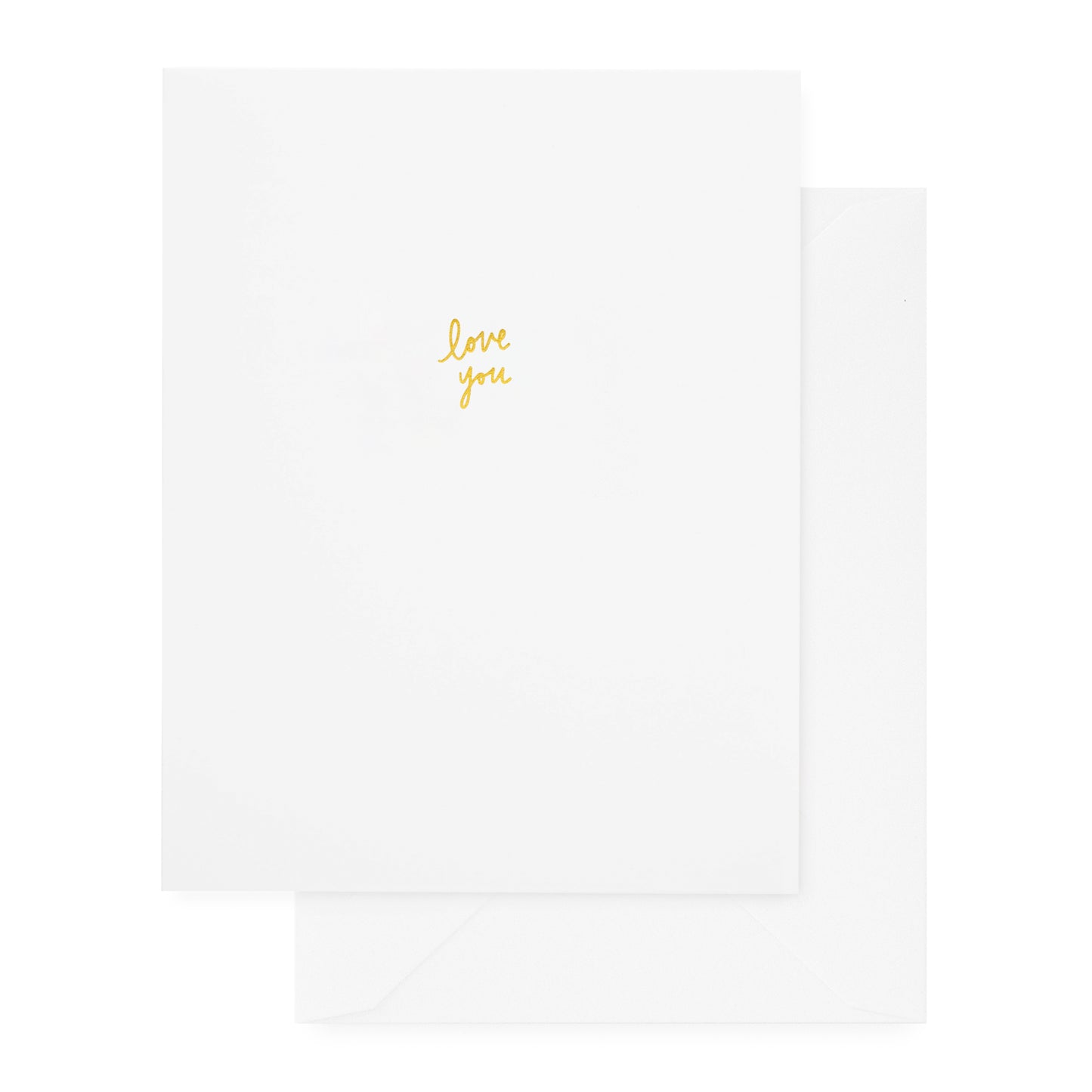 white folded greeting card with gold foil love you and a white envelope