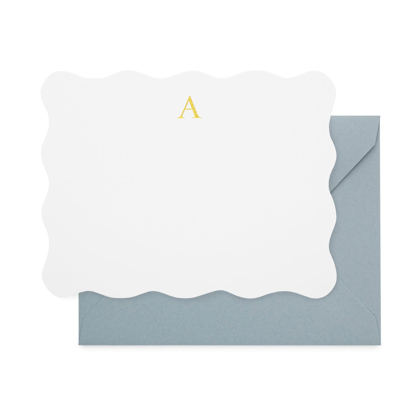 White bordered scallop with gold foil initial 'a' paired with a slate blue envelope