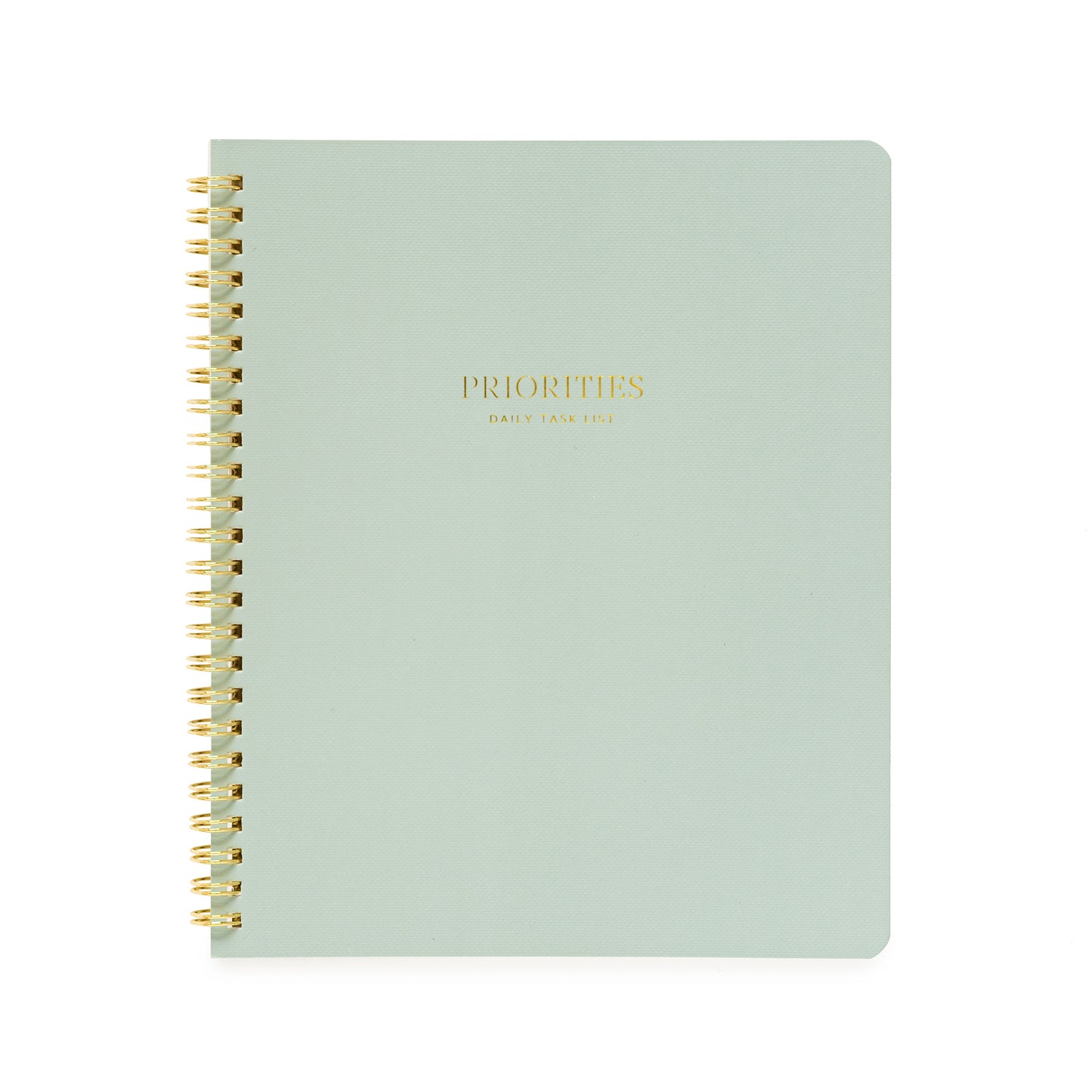 Green spiral notebook with priorities daily task list in gold