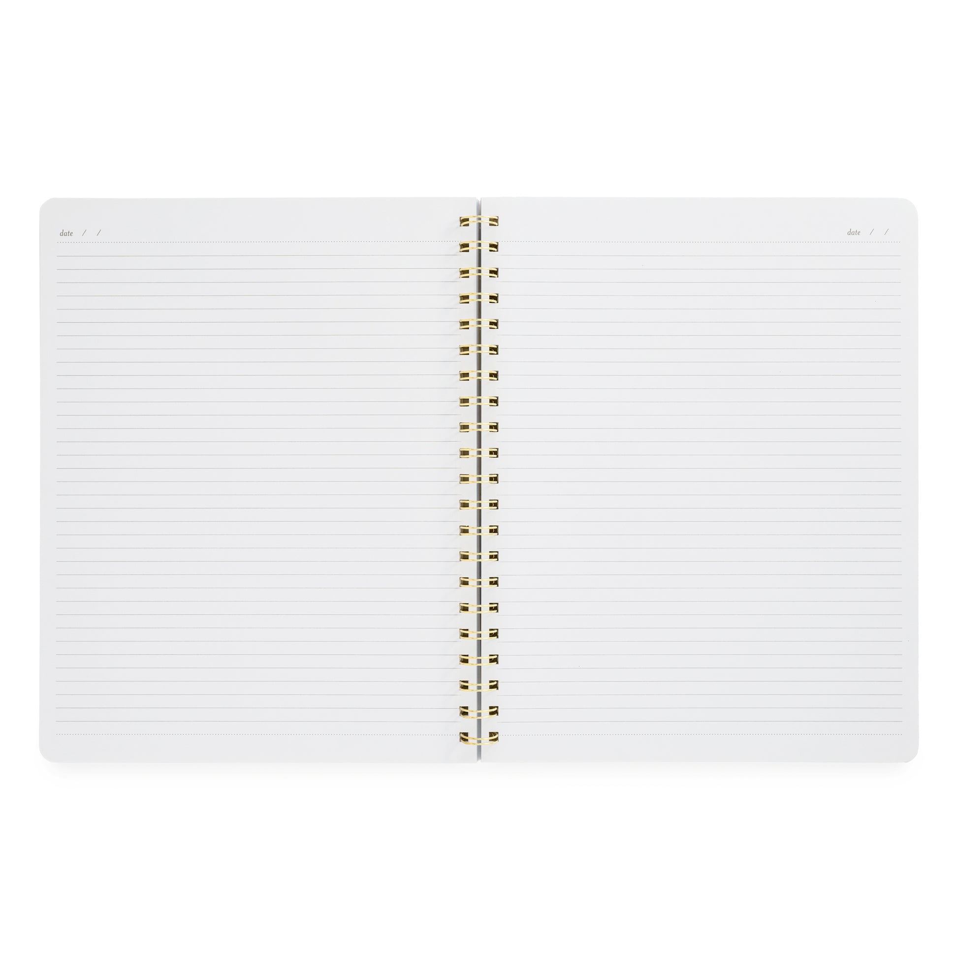 interior of large spiral notebook with ruled lines and space for date on each page