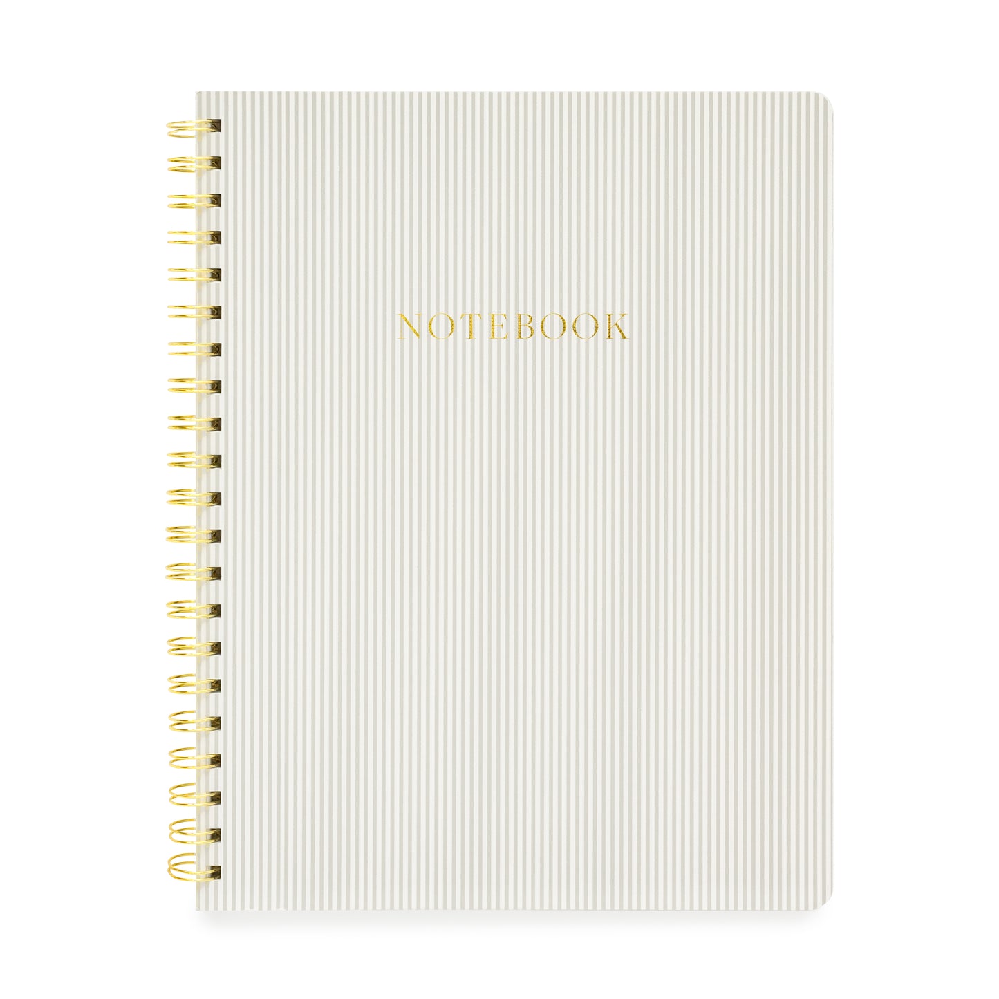 Grey stripe spiral notebook with gold spiral and gold foil notebook printed on cover
