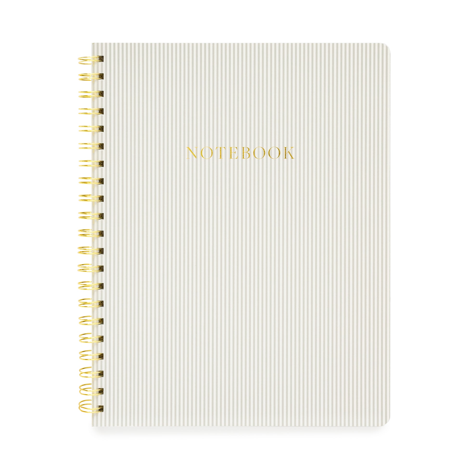 Grey stripe spiral notebook with gold spiral and gold foil notebook printed on cover