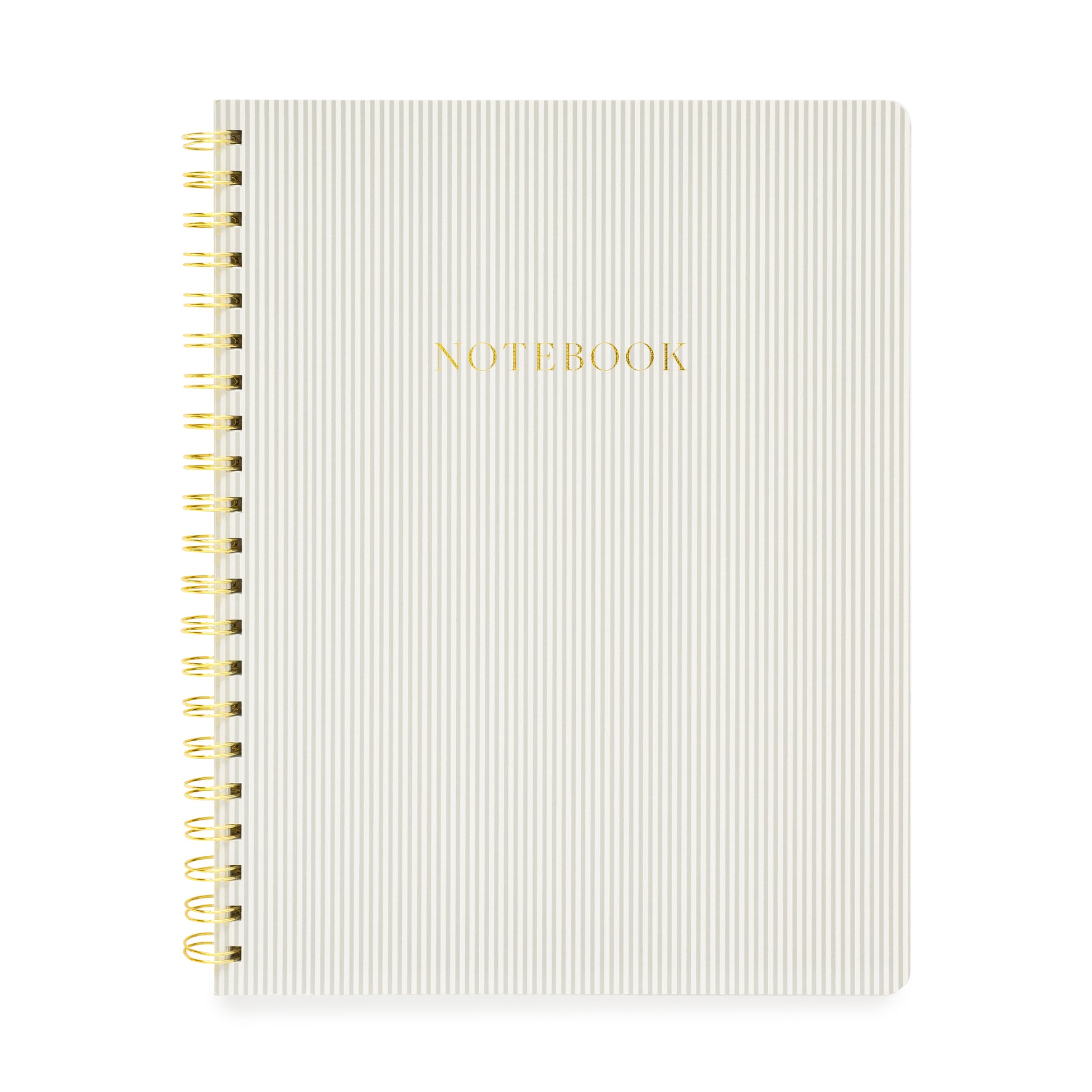 Grey stripe spiral notebook with gold spiral and gold foil notebook printed on cover