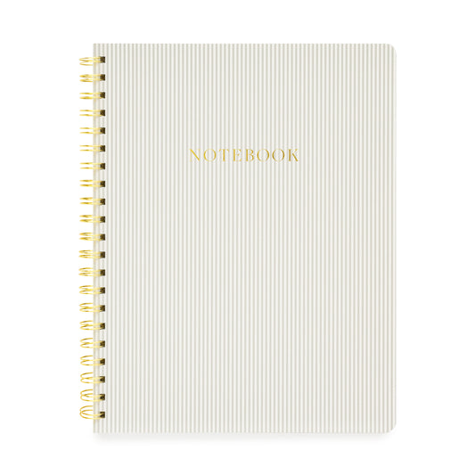 Grey stripe spiral notebook with gold spiral and gold foil notebook printed on cover