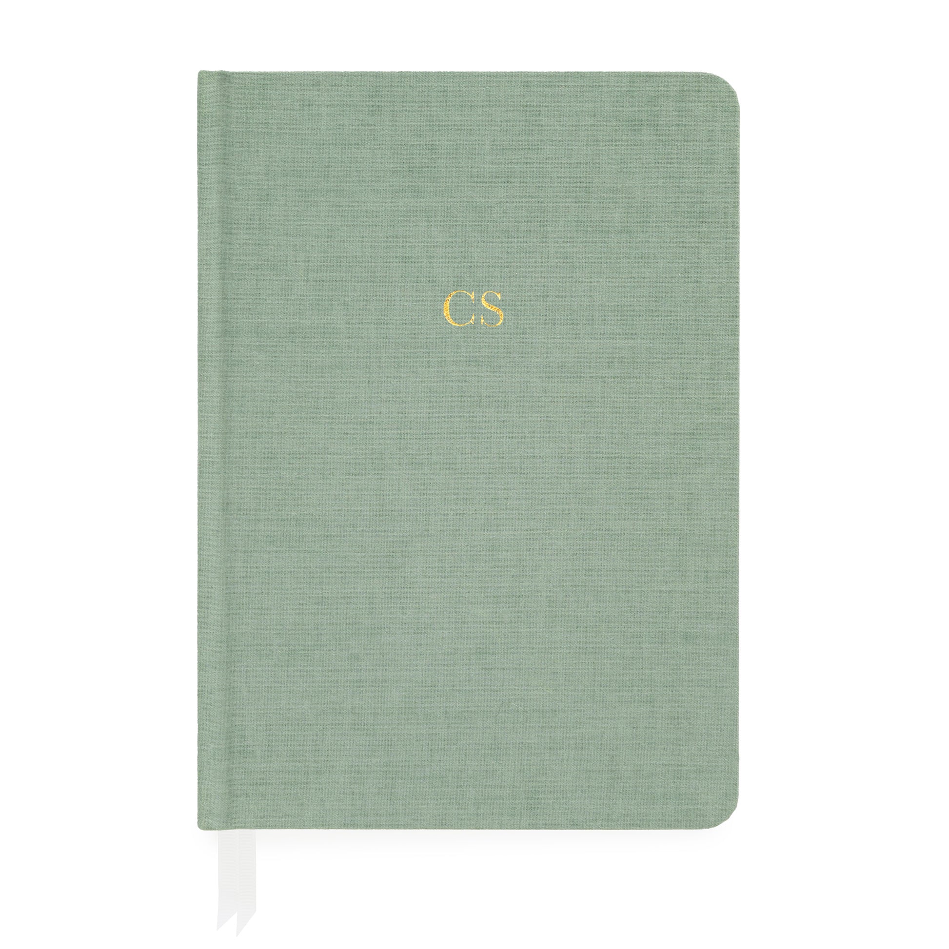 Sage green fabric journal with white ribbon markers foil stamped with gold initials