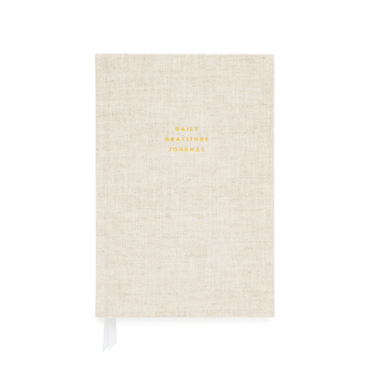 Flax gratitude journal printed with daily gratitude journal in gold foil