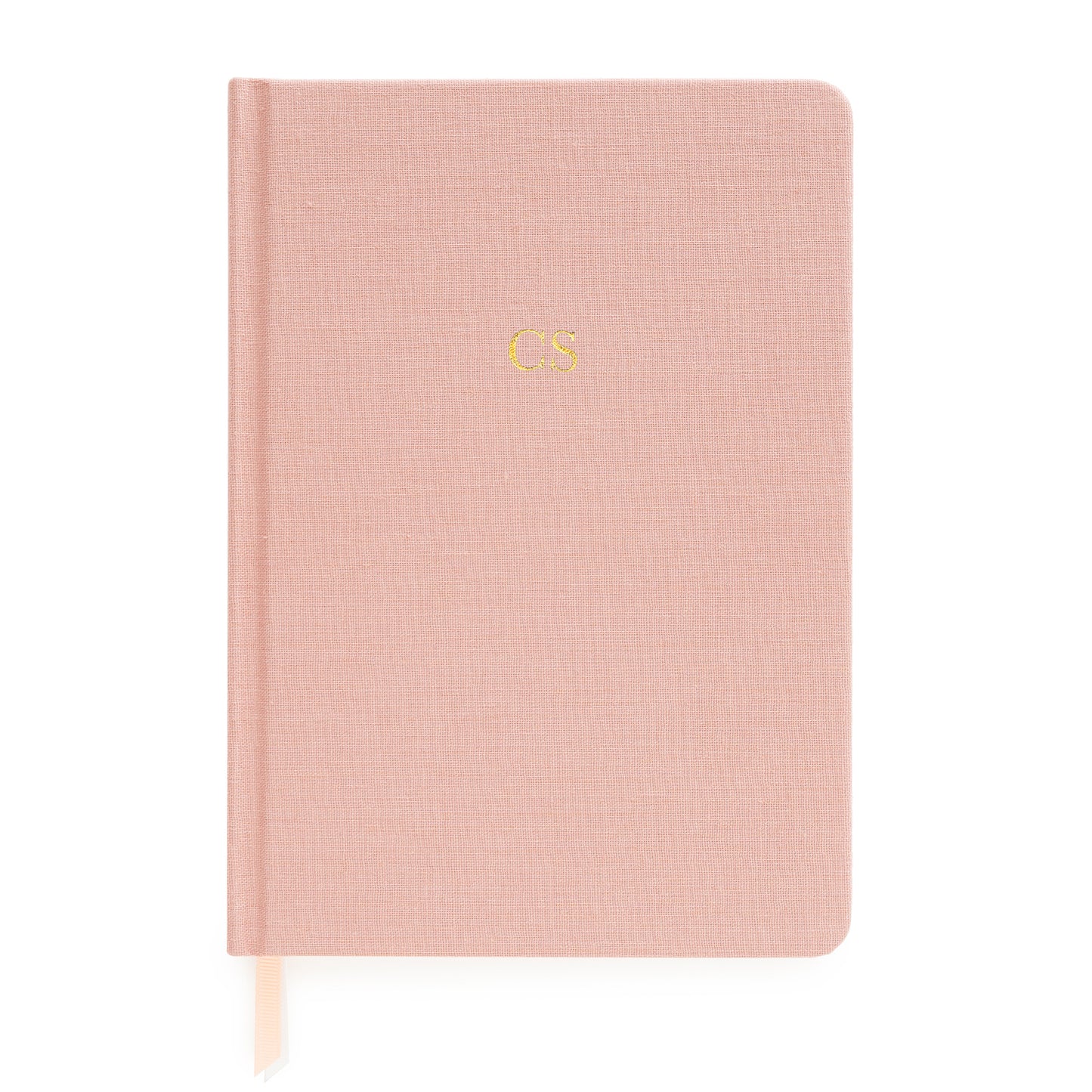 Rose linen journal with pink and white ribbon markers foil stamped with gold foil initials