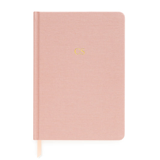 Rose linen journal with pink and white ribbon markers foil stamped with gold foil initials