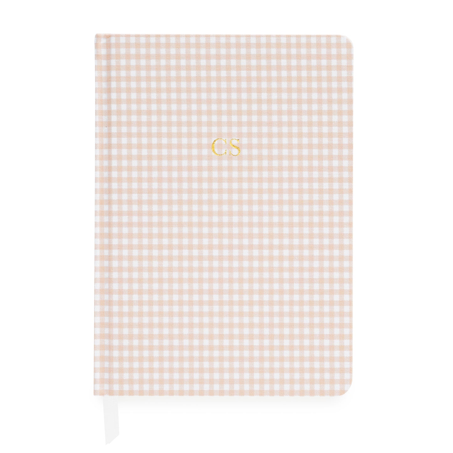 Pink and white gingham journal with gold foil initials and white ribbon markers