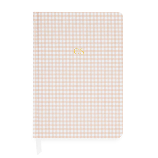 Pink and white gingham journal with gold foil initials and white ribbon markers