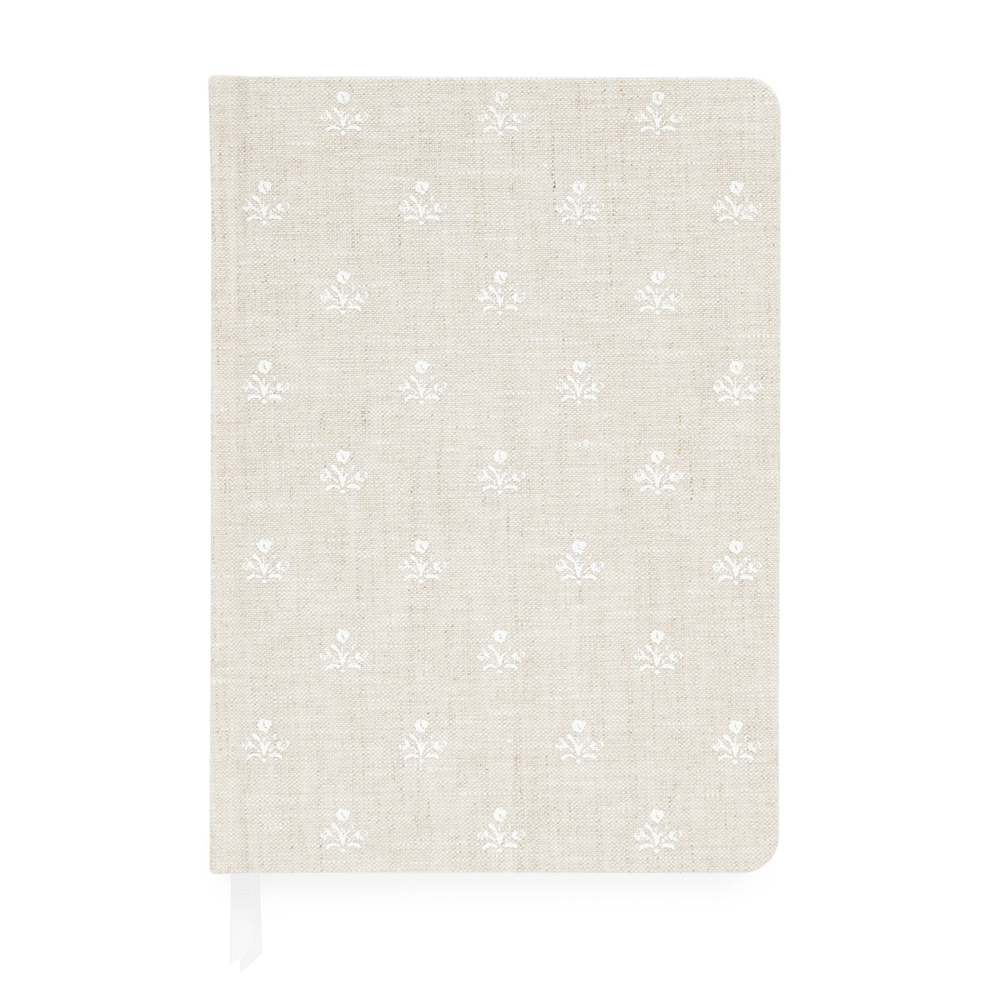 Flax fabric journal with white flowers and white ribbon markers