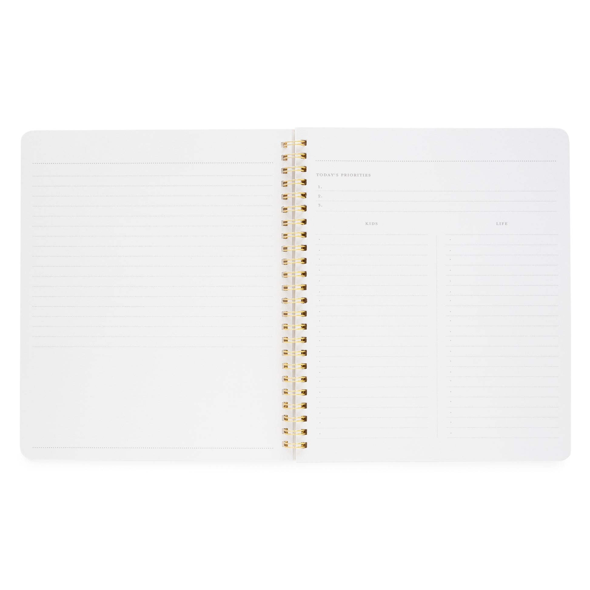 Interior of mom/life notebook with today's priorities, kids, and life lists