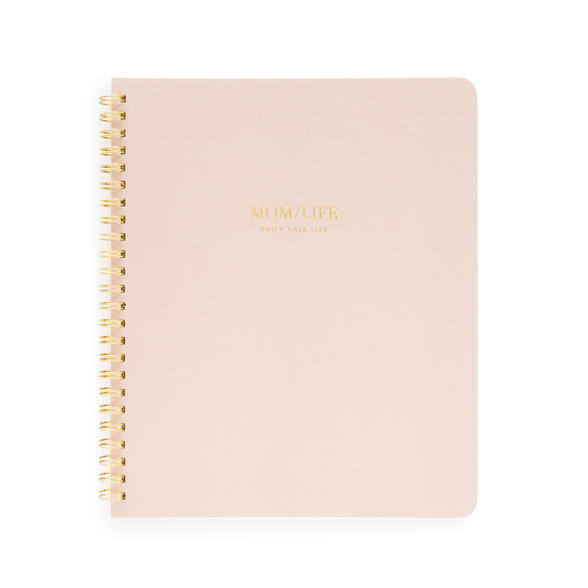 Blush spiral notebook with mom/life daily task list printed on cover in gold foil