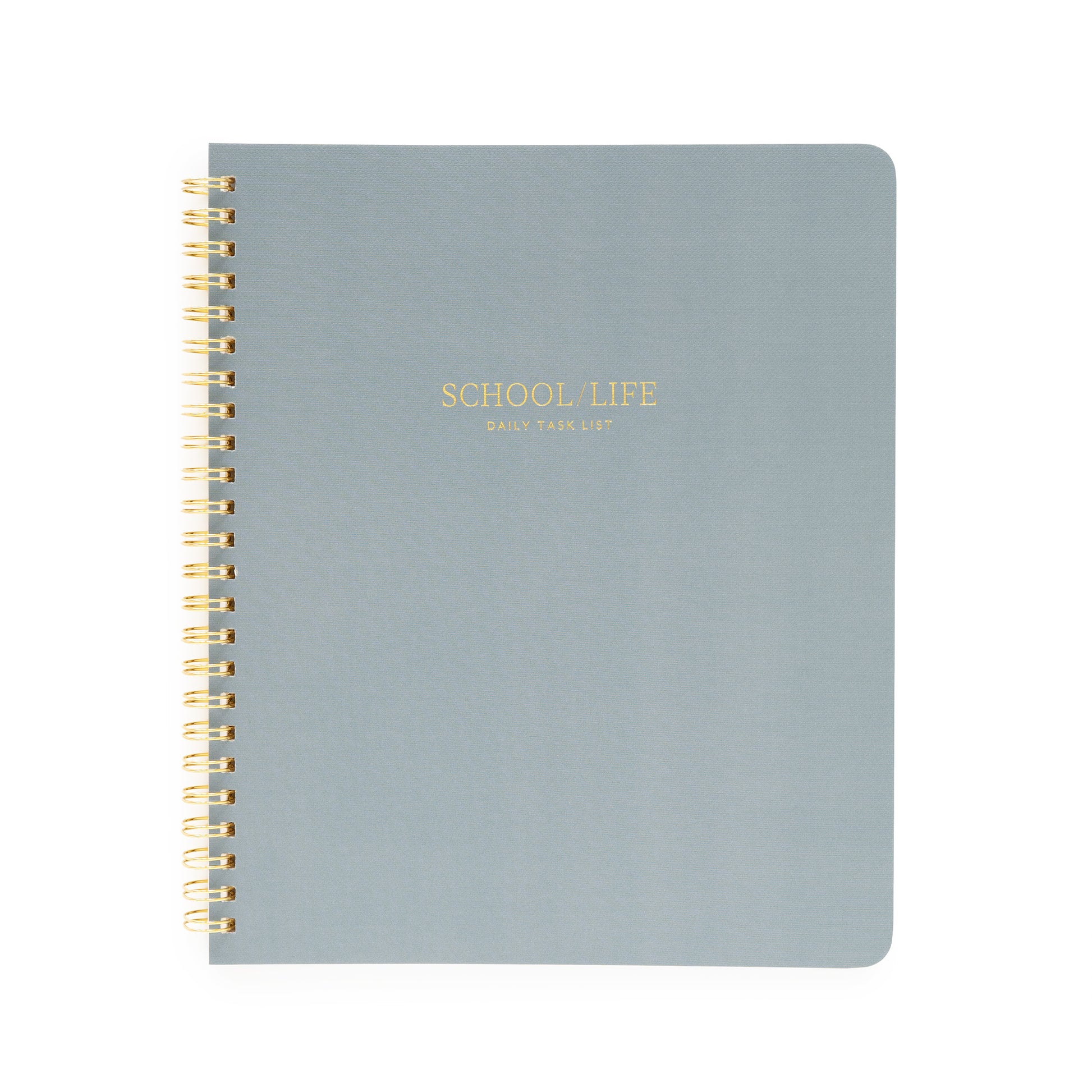 Dusty blue spiral cover with school/life daily task list in gold foil stamped on cover