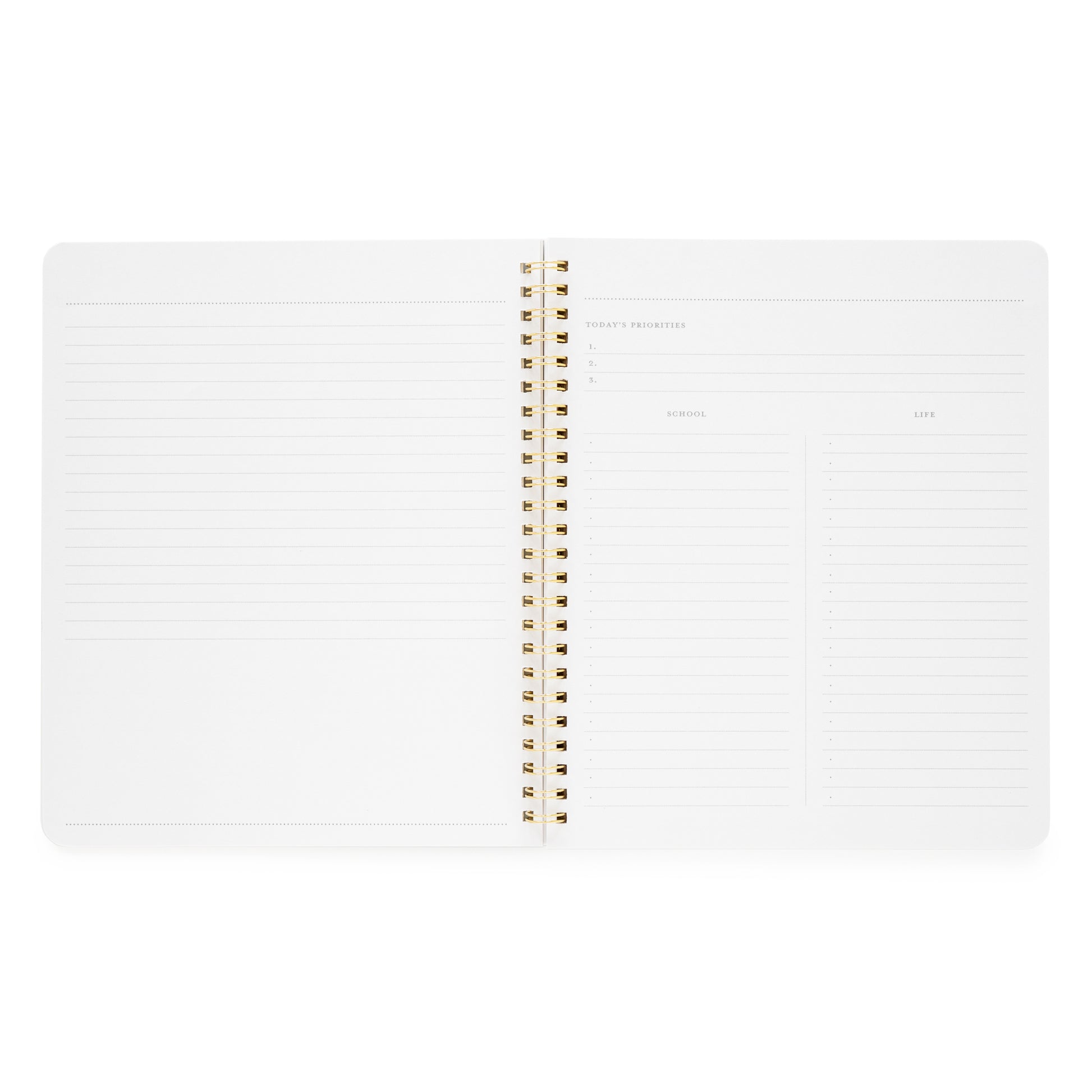 Interior of school life notebook with today's priorities, school, and life lists