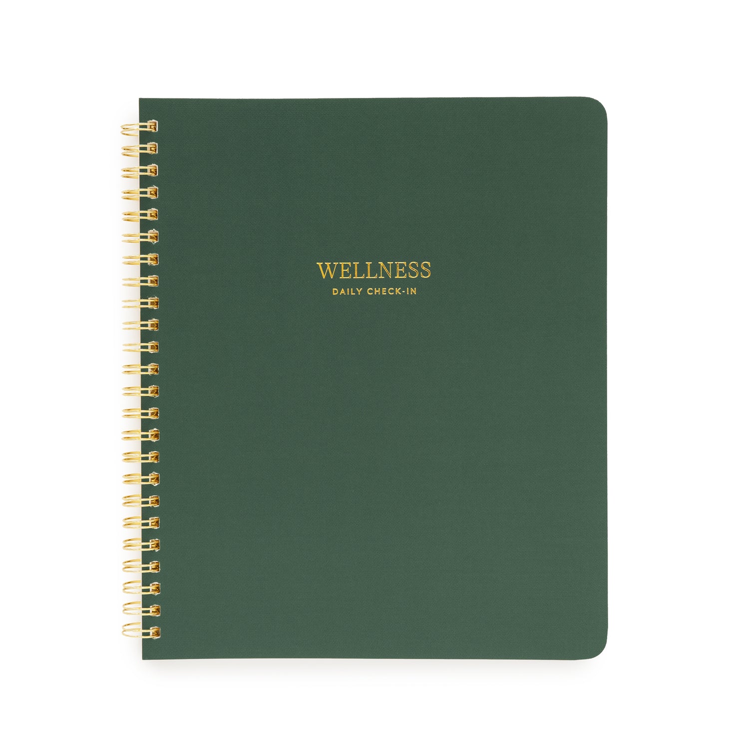 Forest Green spiral notebook with wellness daily check-in in gold foil on cover}