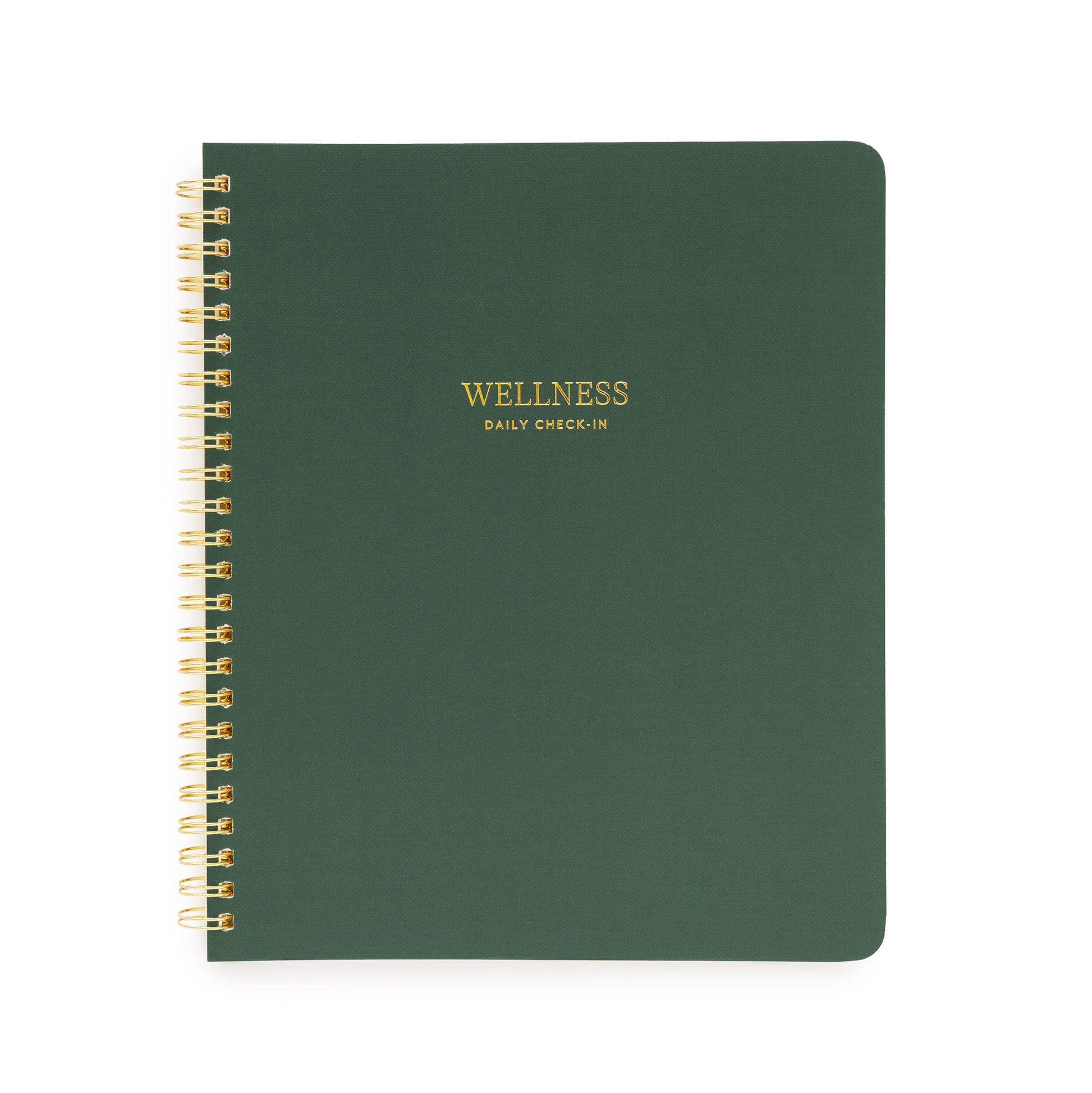 Forest Green spiral notebook with wellness daily check-in in gold foil on cover