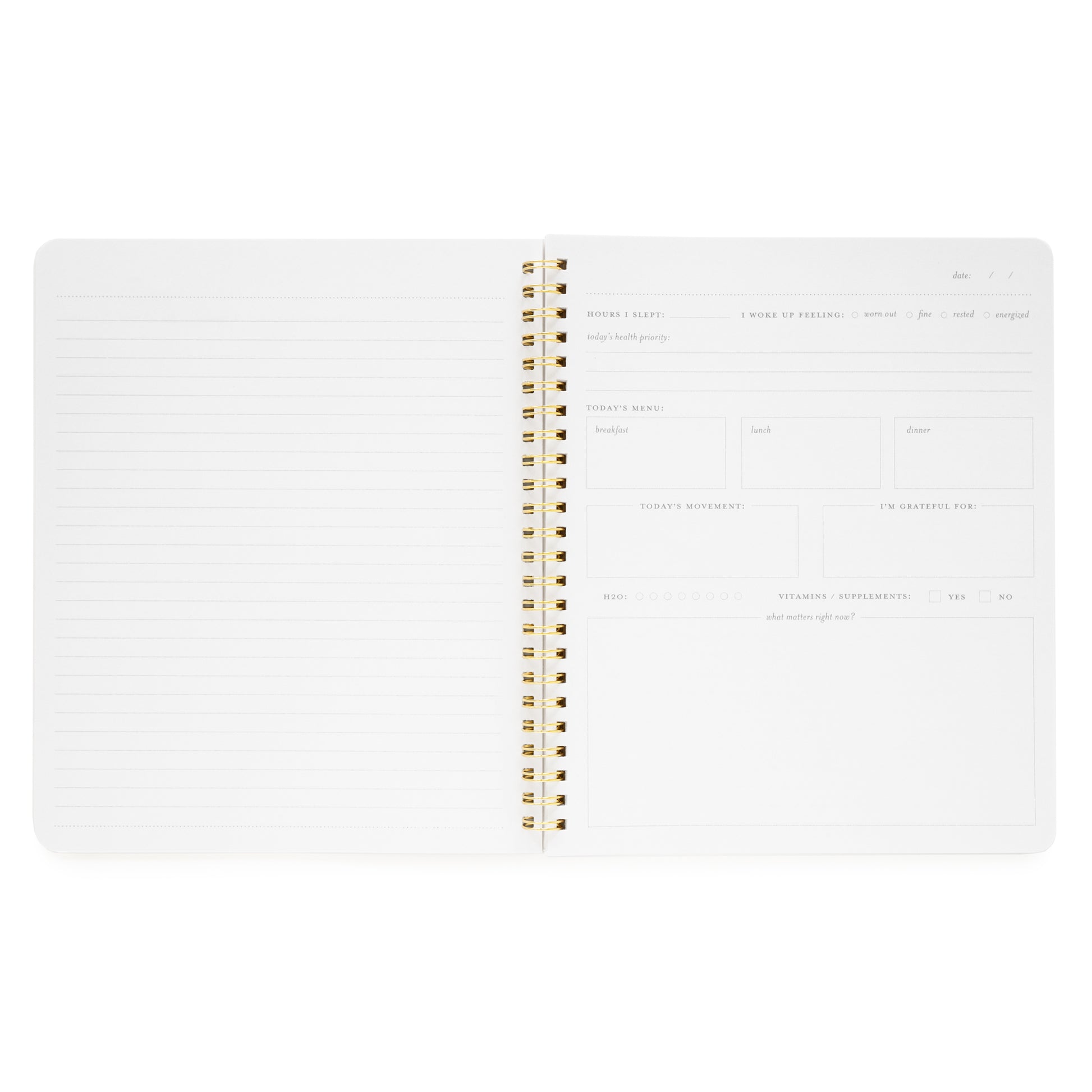 Interior of wellness notebook with daily prompts, menu, water tracker, supplements, today's movement, and grateful for