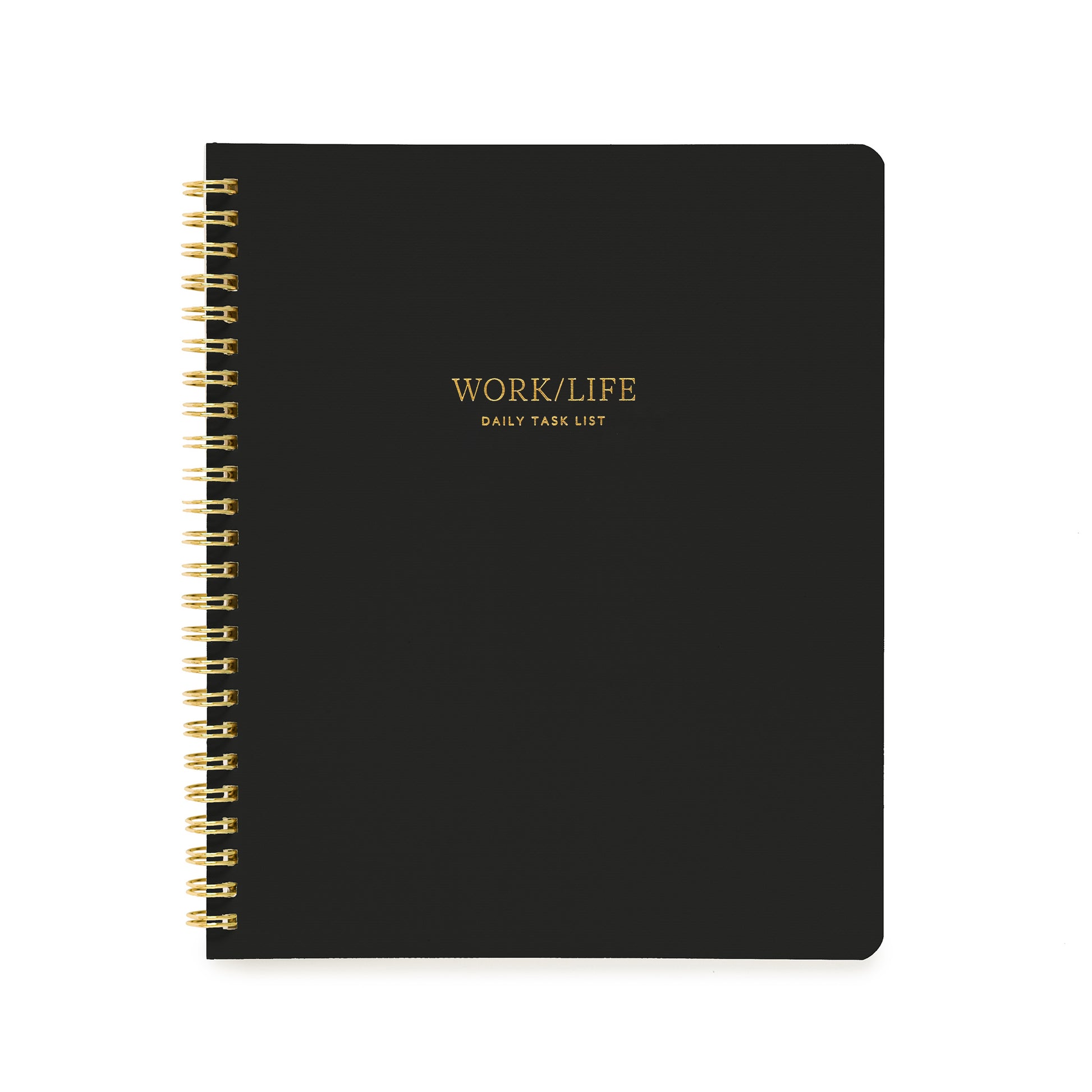 Black notebook with 'Work/Life Daily Task List' in gold foil
