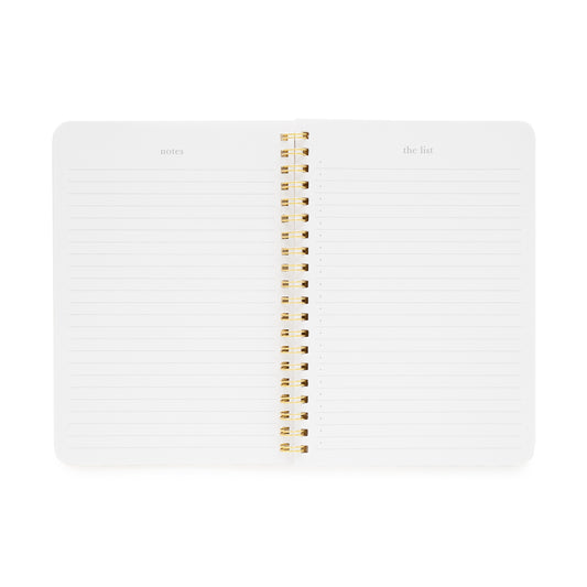 interior of mini stripe notebook with notes on the left and the list on the right