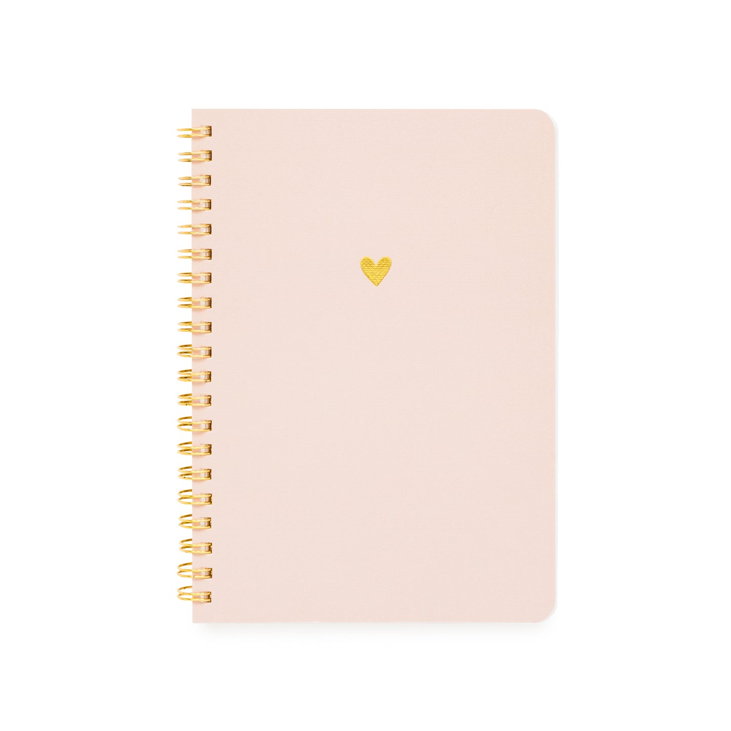 A light pink small spiral-bound notebook with a small gold heart on the front cover