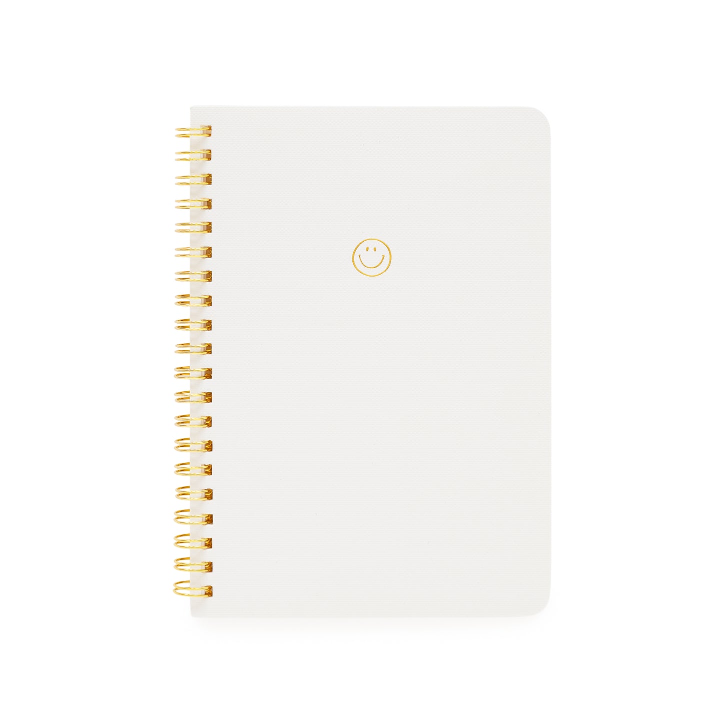 white mini spiral notebook with gold foil smiley face and gold spiral binding