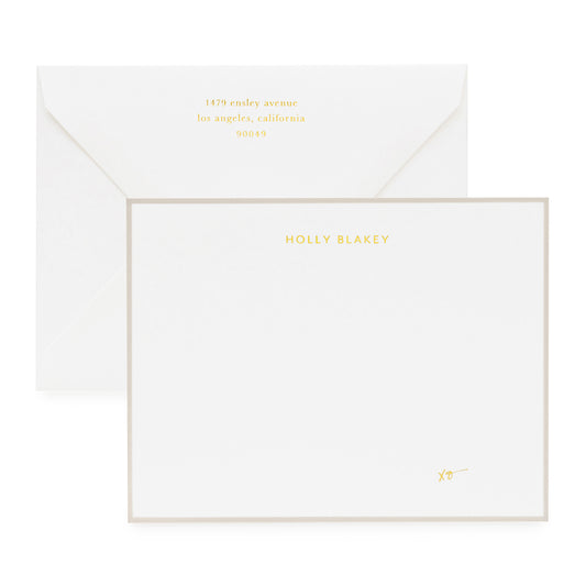 Holly custom stationery with grey and gold foil with xo on stationery and gold foil return address